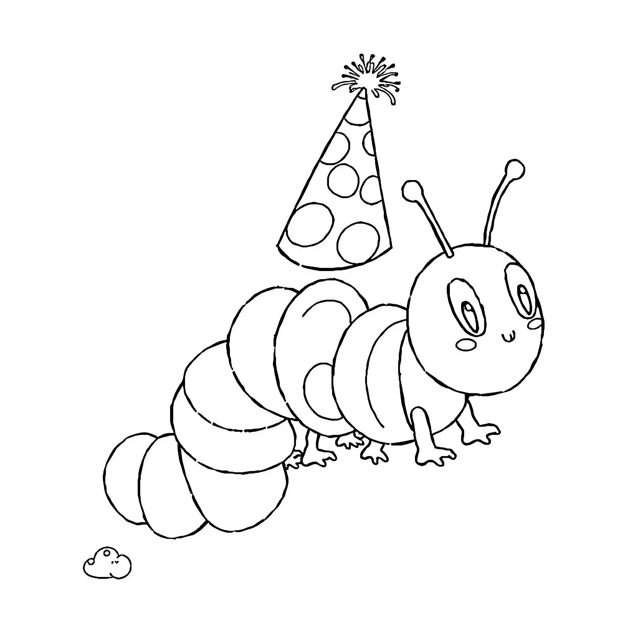 Caterpillar celebrating with party hat Coloring Page (free black-and-white line drawing printable PDF for all, from beginners to advanced learners, including children, teens, adults, and seniors)