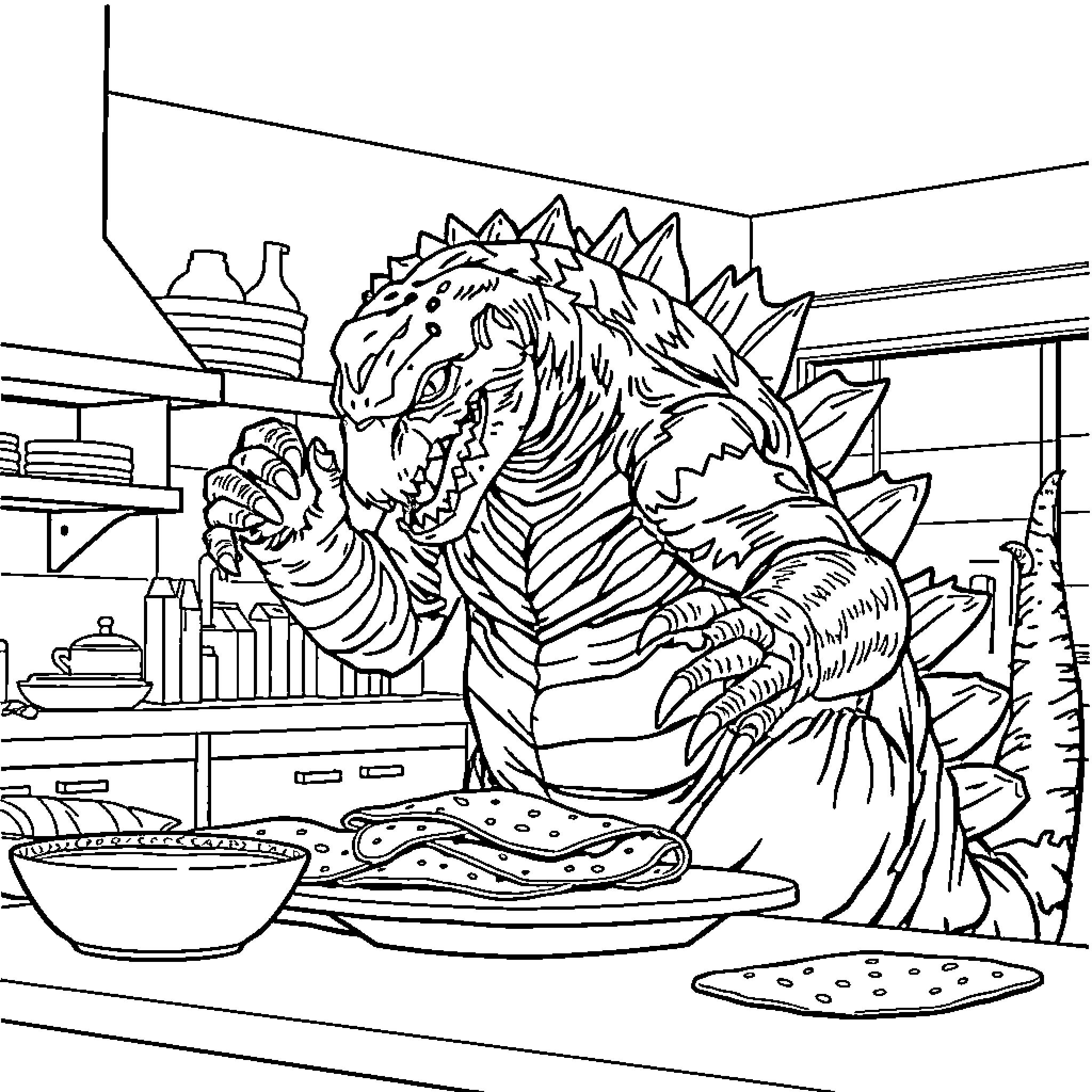 Godzilla dines in a cluttered kitchen Coloring Page (free black-and-white line drawing printable PDF for all, from beginners to advanced learners, including children, teens, adults, and seniors)