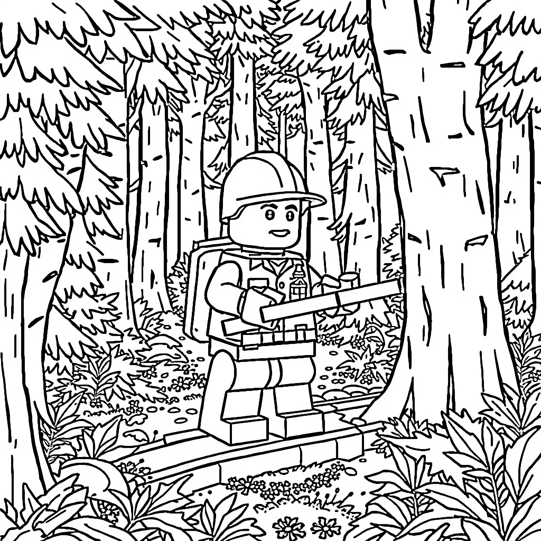 Lego Adventurer Exploring the Wilderness Coloring Page (free black-and-white line drawing printable PDF for all, from beginners to advanced learners, including children, teens, adults, and seniors)