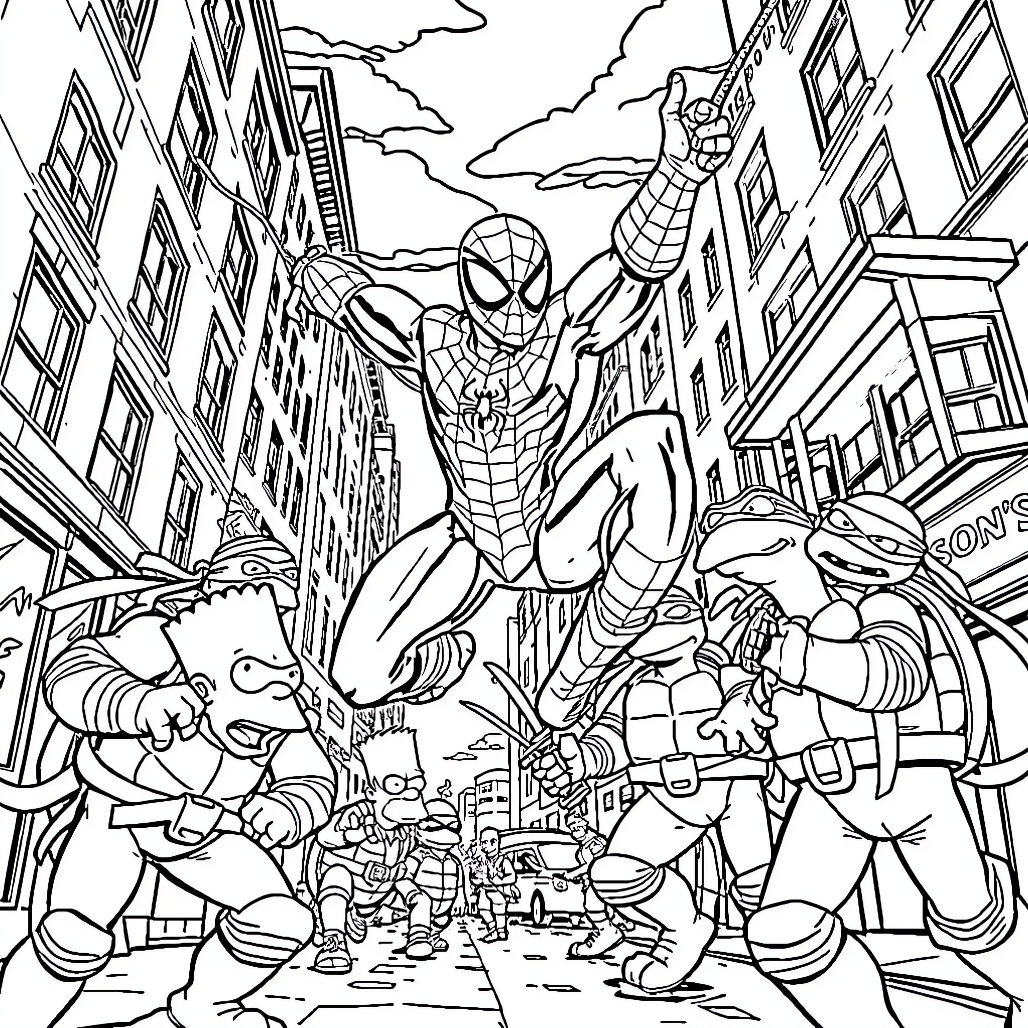 Spiderman battling villains in the city Coloring Page (free black-and-white line drawing printable PDF for all, from beginners to advanced learners, including children, teens, adults, and seniors)
