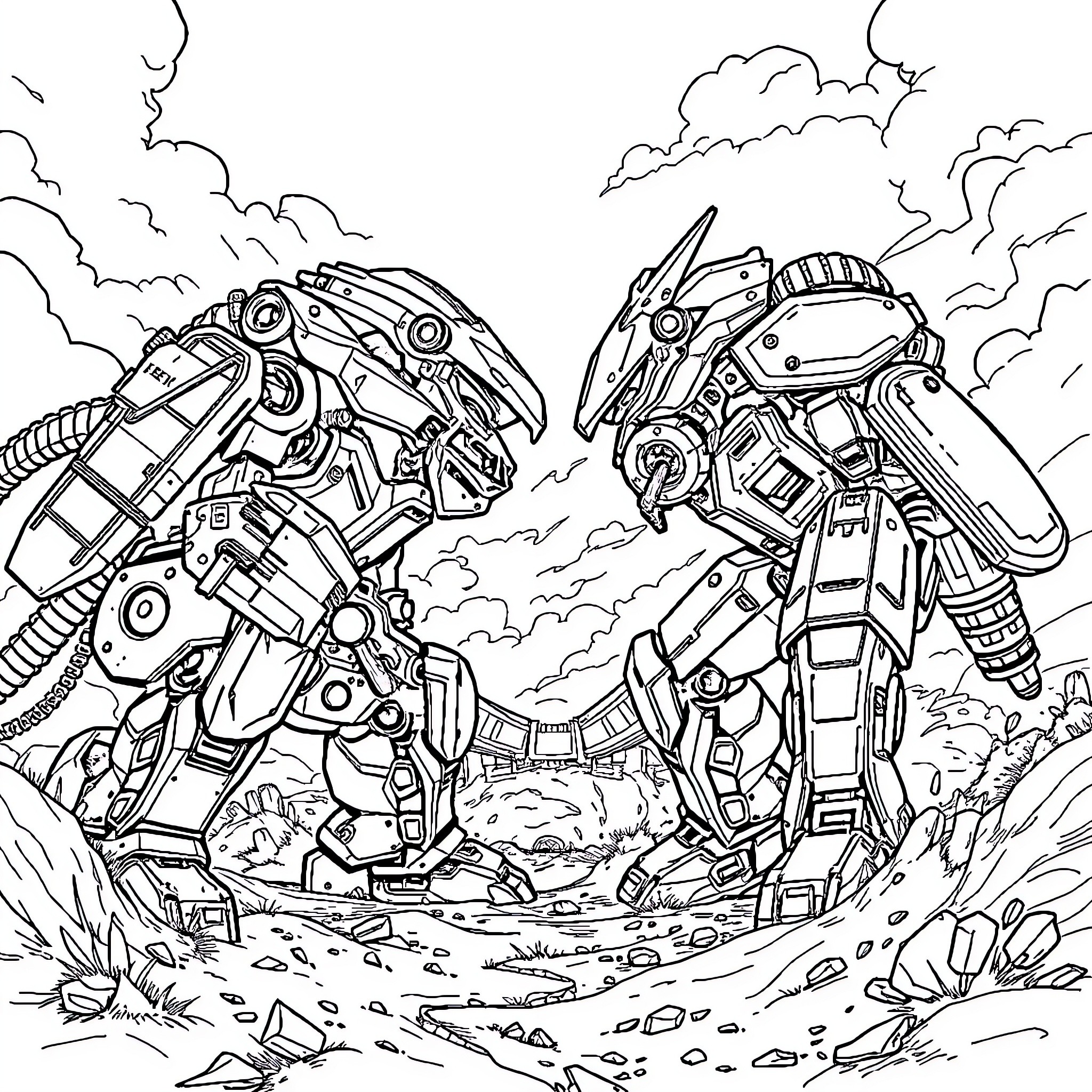 Metal Gear Robotic Creatures Facing Off Coloring Page (free black-and-white line drawing printable PDF for all, from beginners to advanced learners, including children, teens, adults, and seniors)