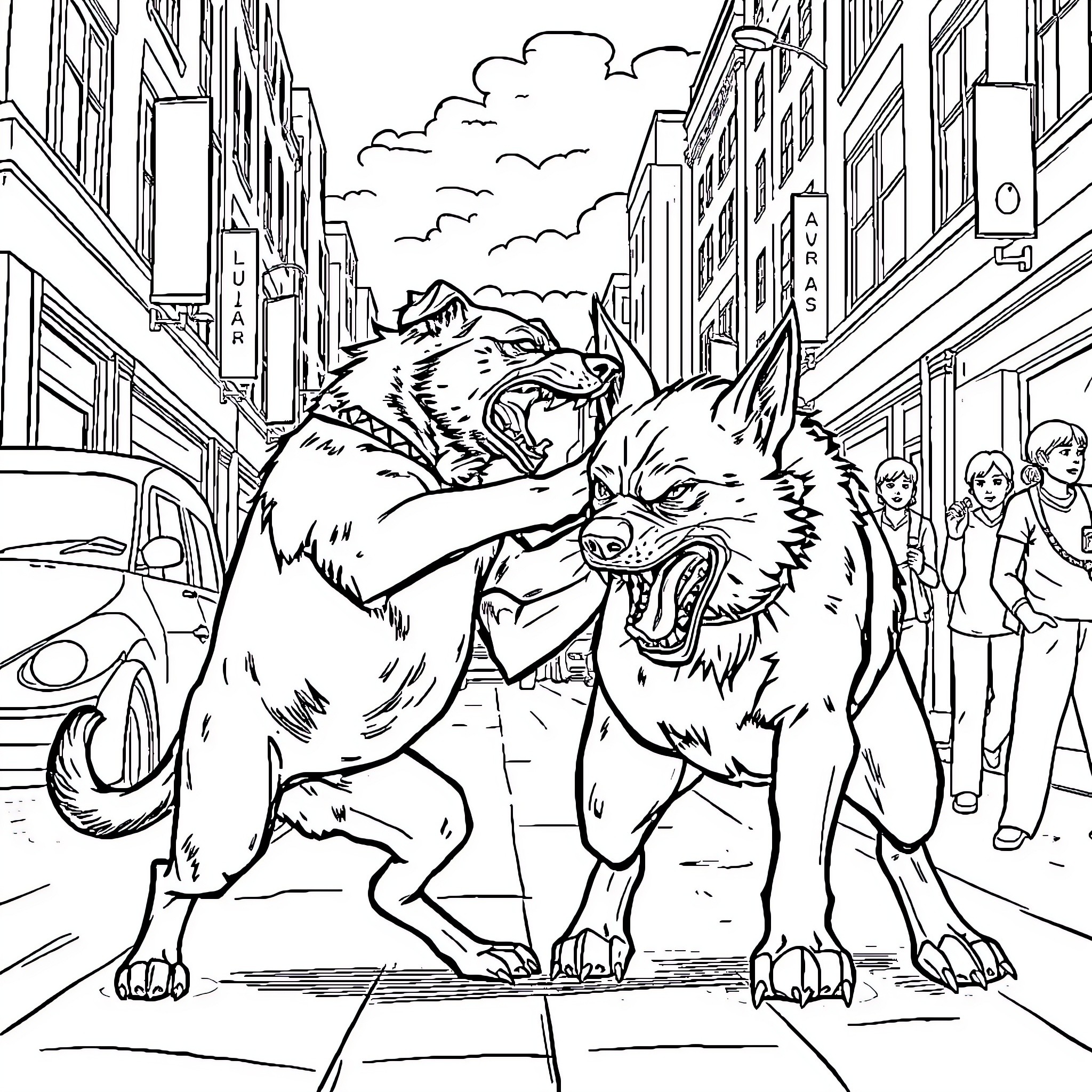 Dog Monsters Roaring in Crowded City Street Coloring Page (free black-and-white line drawing printable PDF for all, from beginners to advanced learners, including children, teens, adults, and seniors)
