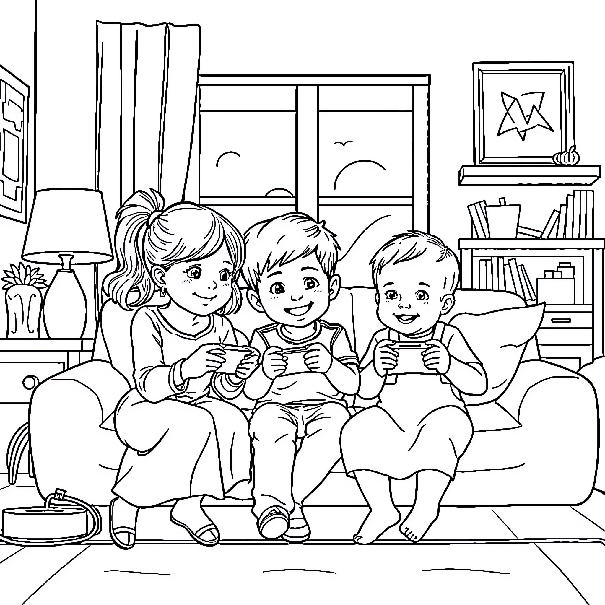 Child playing video game with family Coloring Page (free black-and-white line drawing printable PDF for all, from beginners to advanced learners, including children, teens, adults, and seniors)