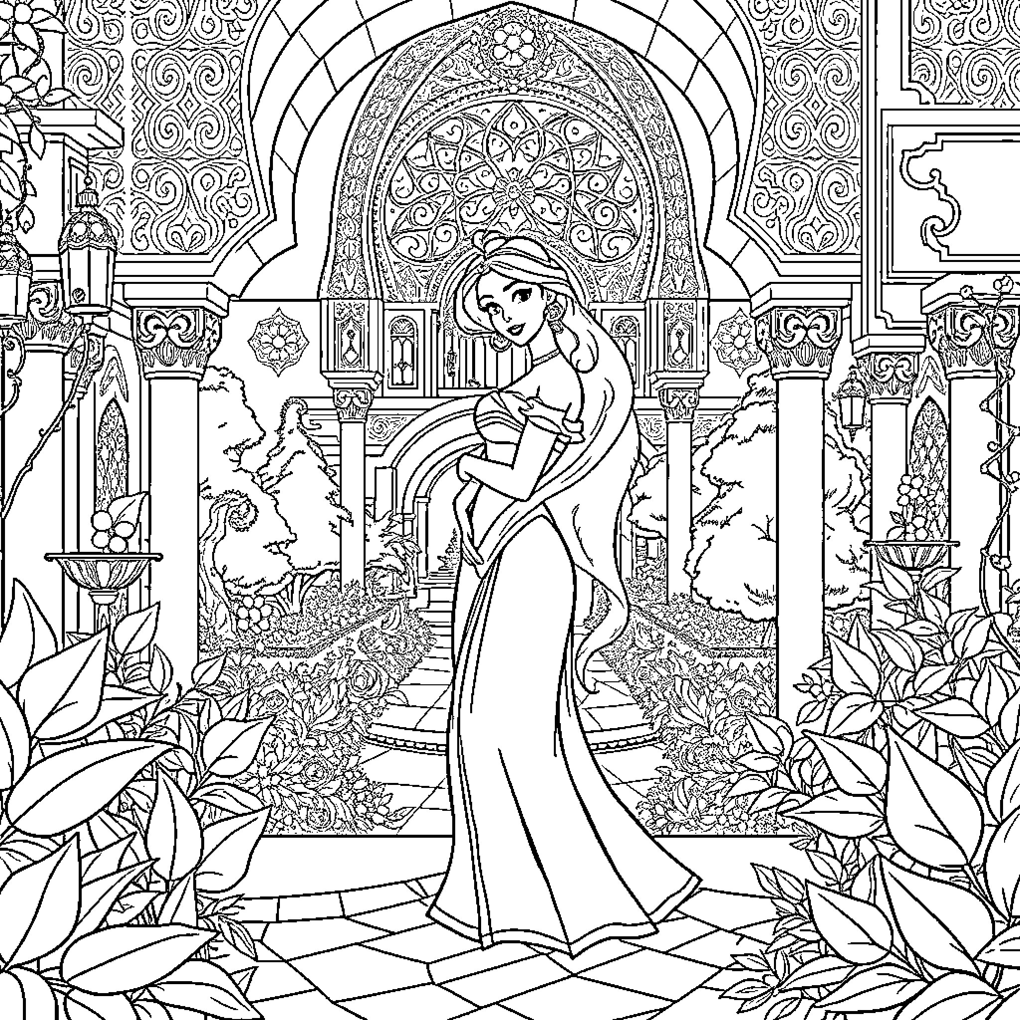 Jasmine's Enchanting Palace Adventure Coloring Page (free black-and-white line drawing printable PDF for all, from beginners to advanced learners, including children, teens, adults, and seniors)