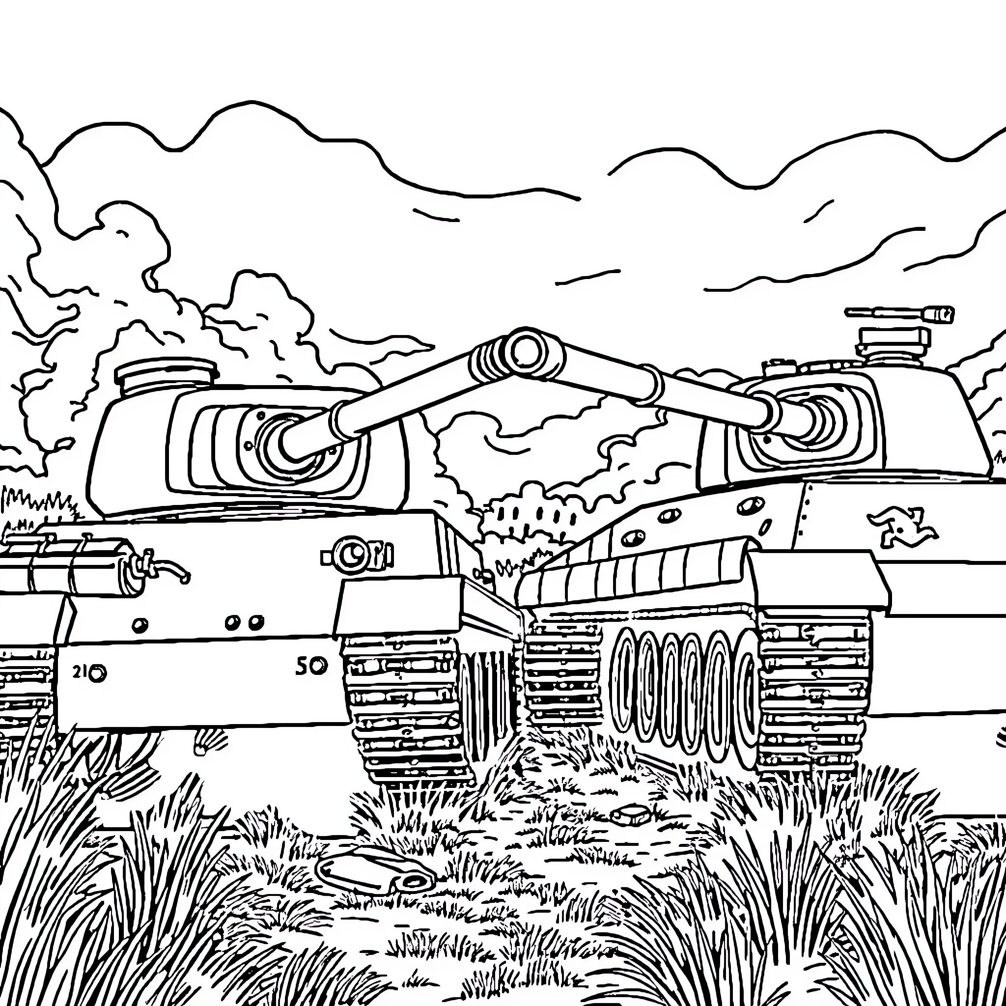 Tank driving through a war-torn landscape Coloring Page (free black-and-white line drawing printable PDF for all, from beginners to advanced learners, including children, teens, adults, and seniors)