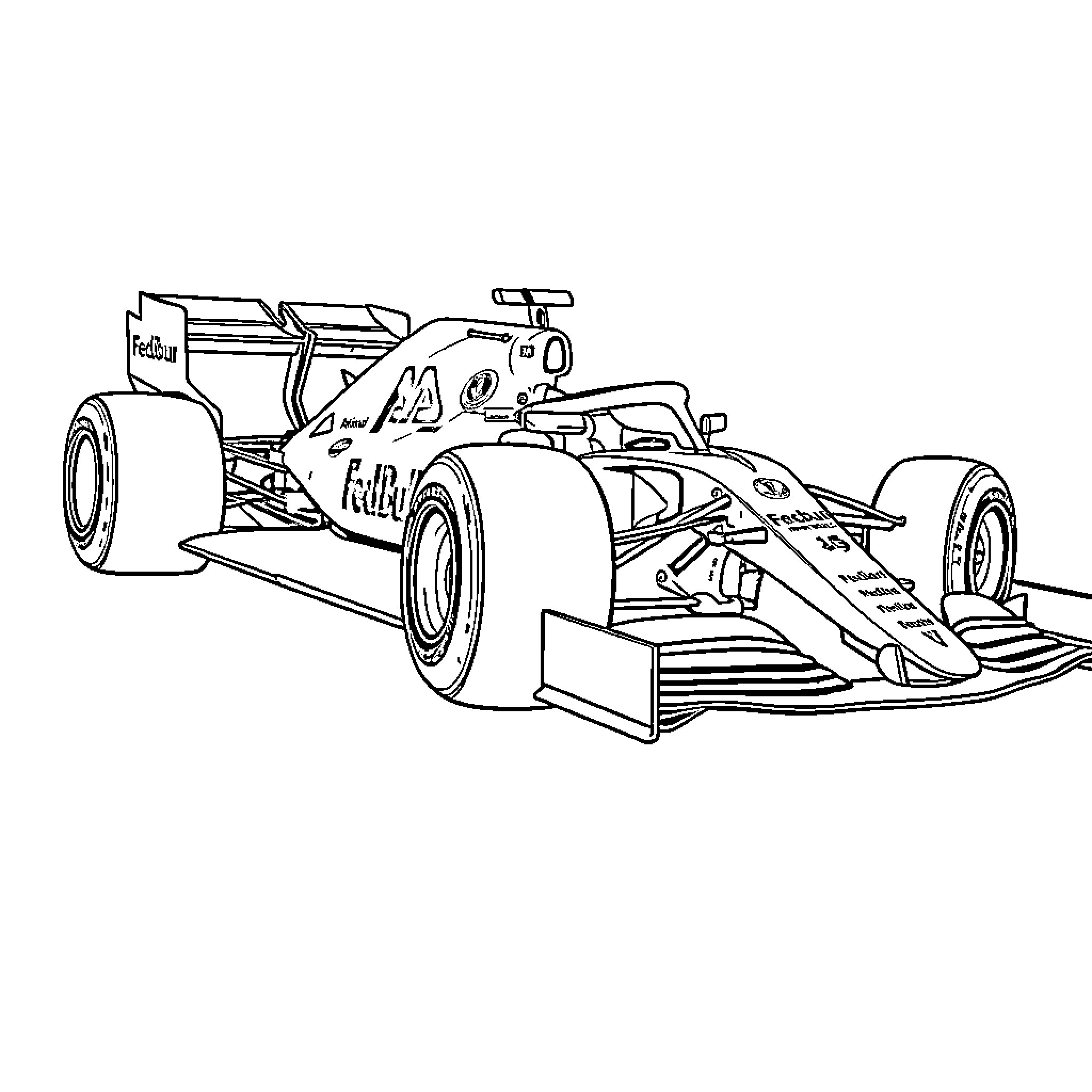 Formula 1 Car speeding on the racetrack Coloring Page (free black-and-white line drawing printable PDF for all, from beginners to advanced learners, including children, teens, adults, and seniors)