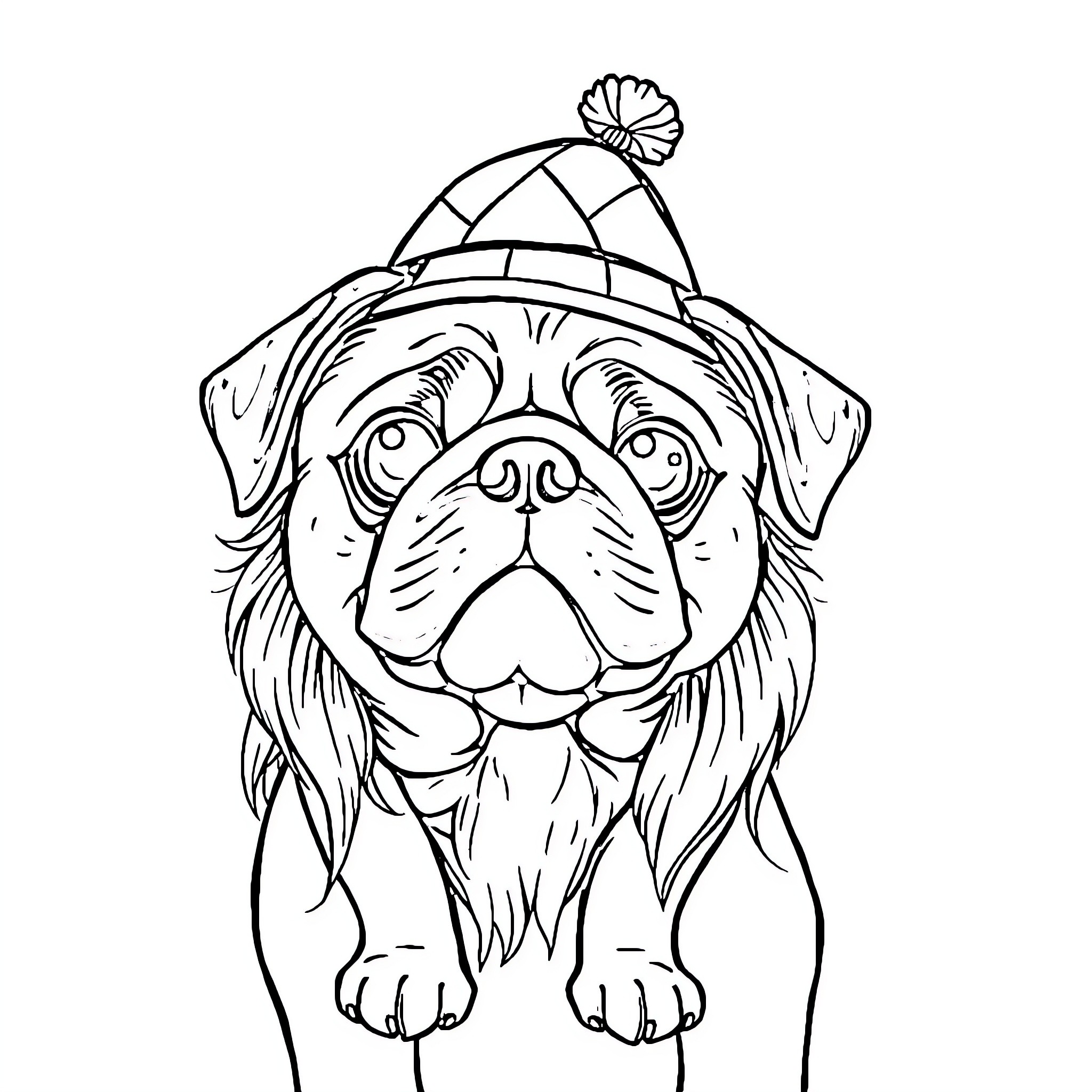 Pug wearing winter hat and smiling happily Coloring Page (free black-and-white line drawing printable PDF for all, from beginners to advanced learners, including children, teens, adults, and seniors)