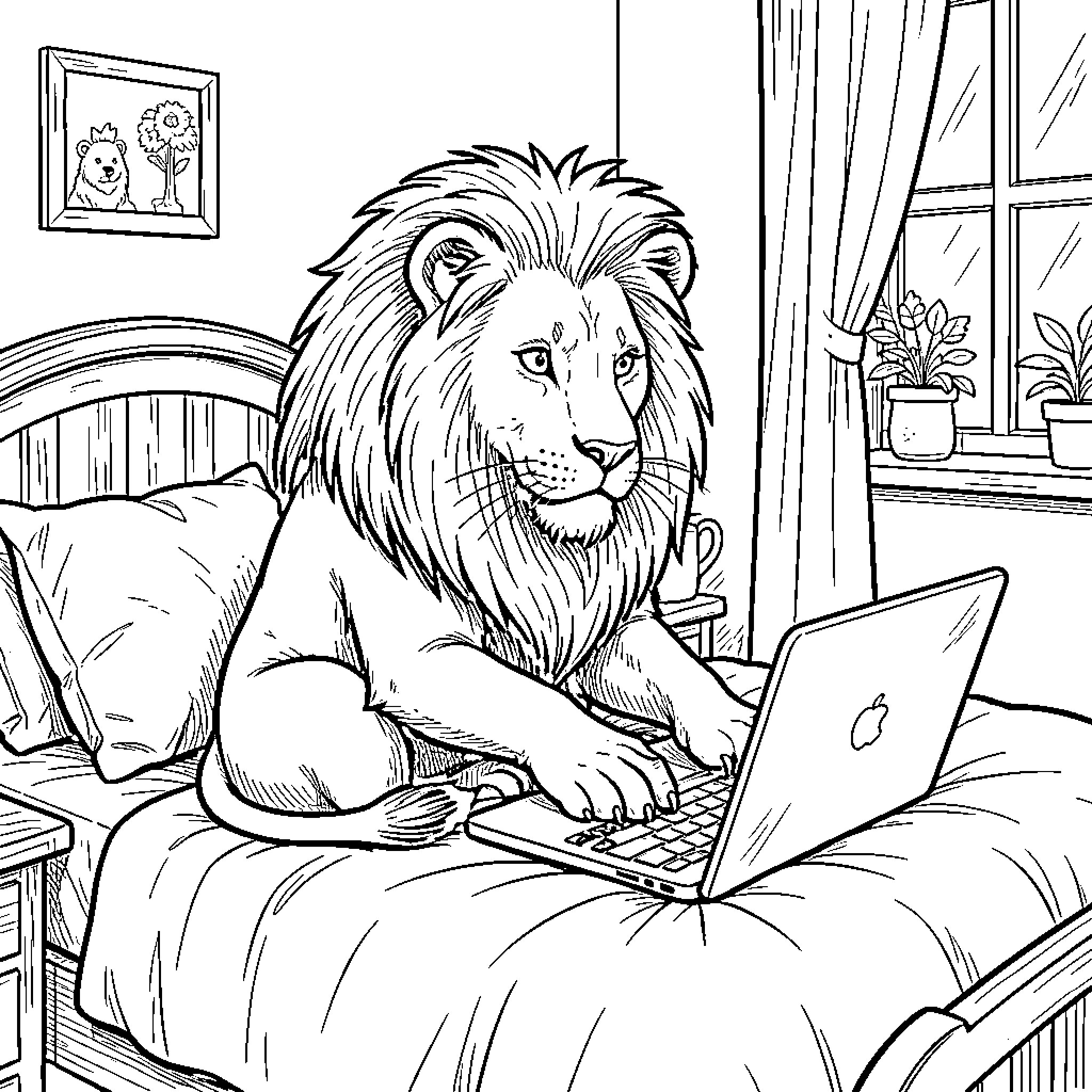 Lion using laptop in cozy indoor setting Coloring Page (free black-and-white line drawing printable PDF for all, from beginners to advanced learners, including children, teens, adults, and seniors)