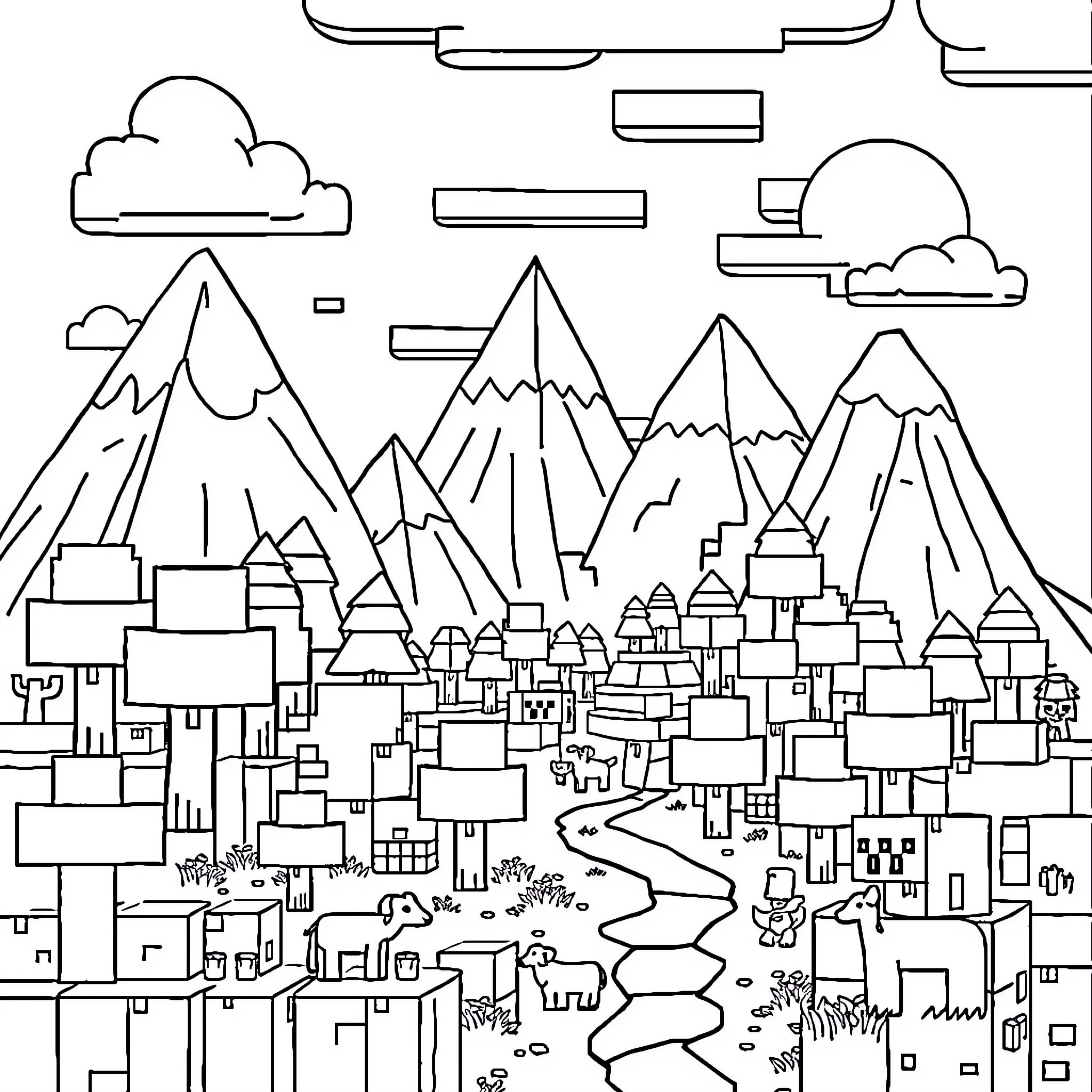 Minecraft mountain village with diverse structures Coloring Page (free black-and-white line drawing printable PDF for all, from beginners to advanced learners, including children, teens, adults, and seniors)