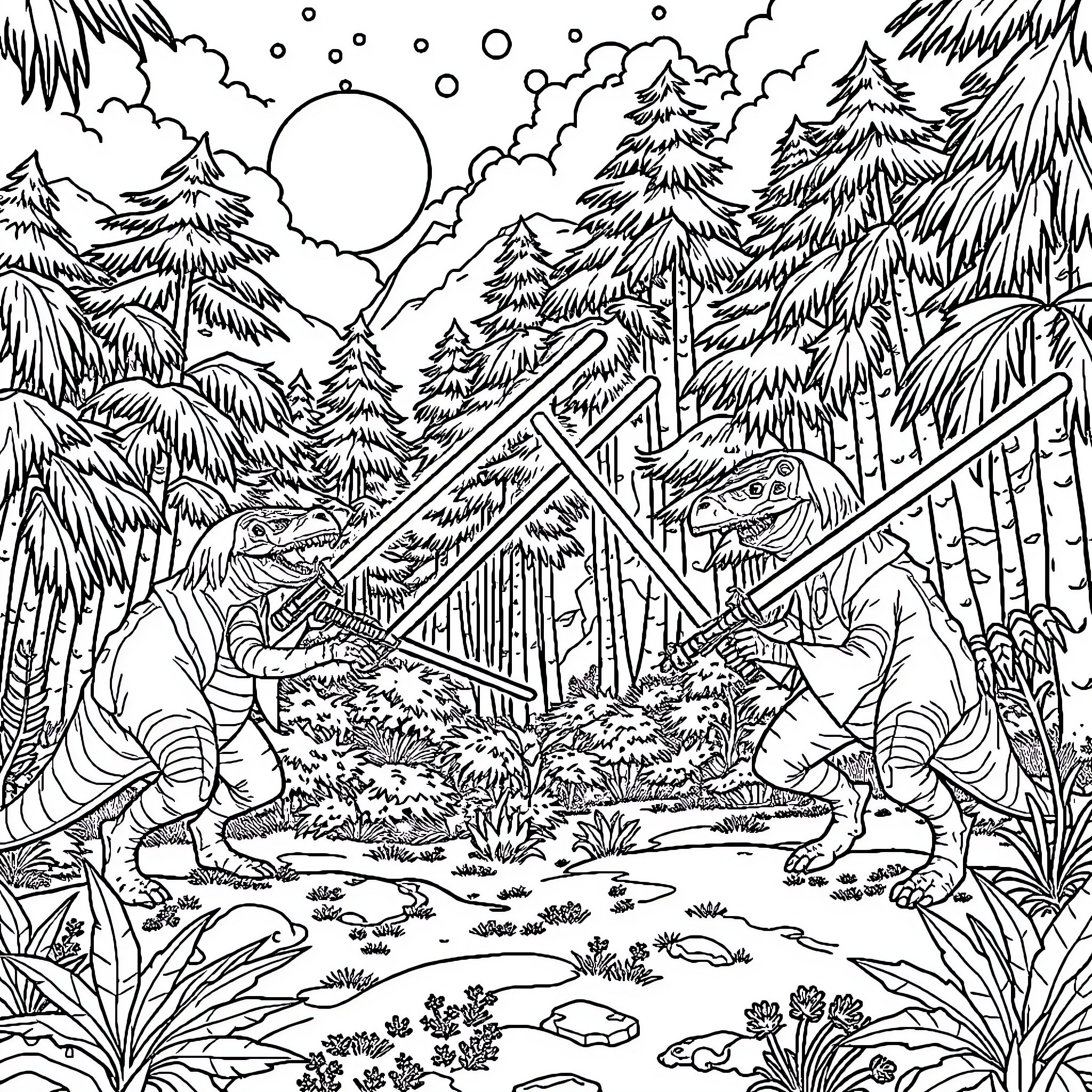 Dinosaurs exploring the snowy forest landscape Coloring Page (free black-and-white line drawing printable PDF for all, from beginners to advanced learners, including children, teens, adults, and seniors)
