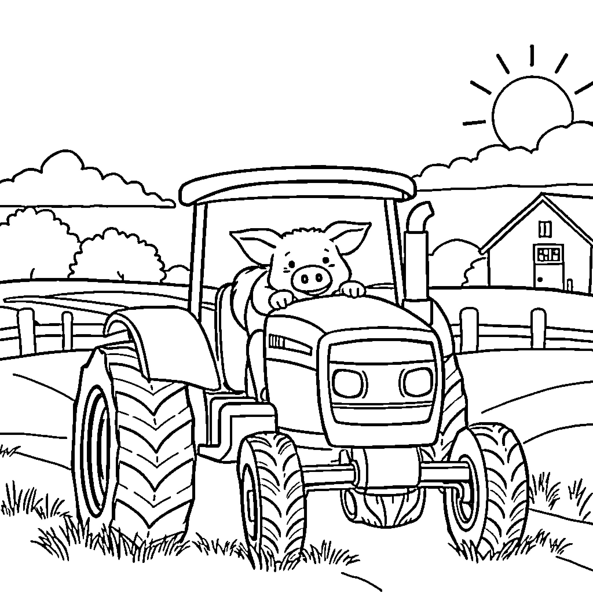 Pig driving tractor on the farm Coloring Page (free black-and-white line drawing printable PDF for all, from beginners to advanced learners, including children, teens, adults, and seniors)