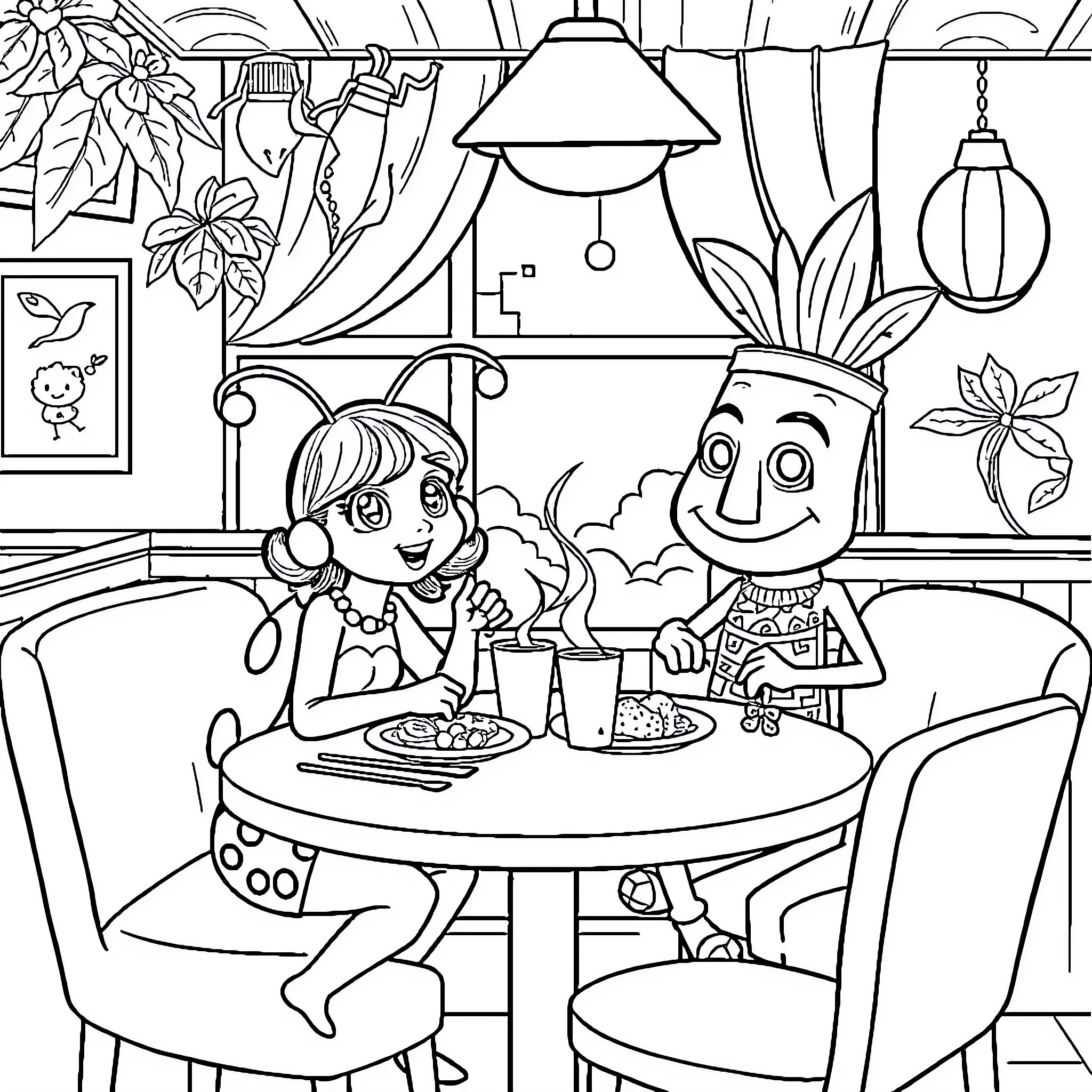 Ladybug friends enjoying a cozy indoor meal together Coloring Page (free black-and-white line drawing printable PDF for all, from beginners to advanced learners, including children, teens, adults, and seniors)