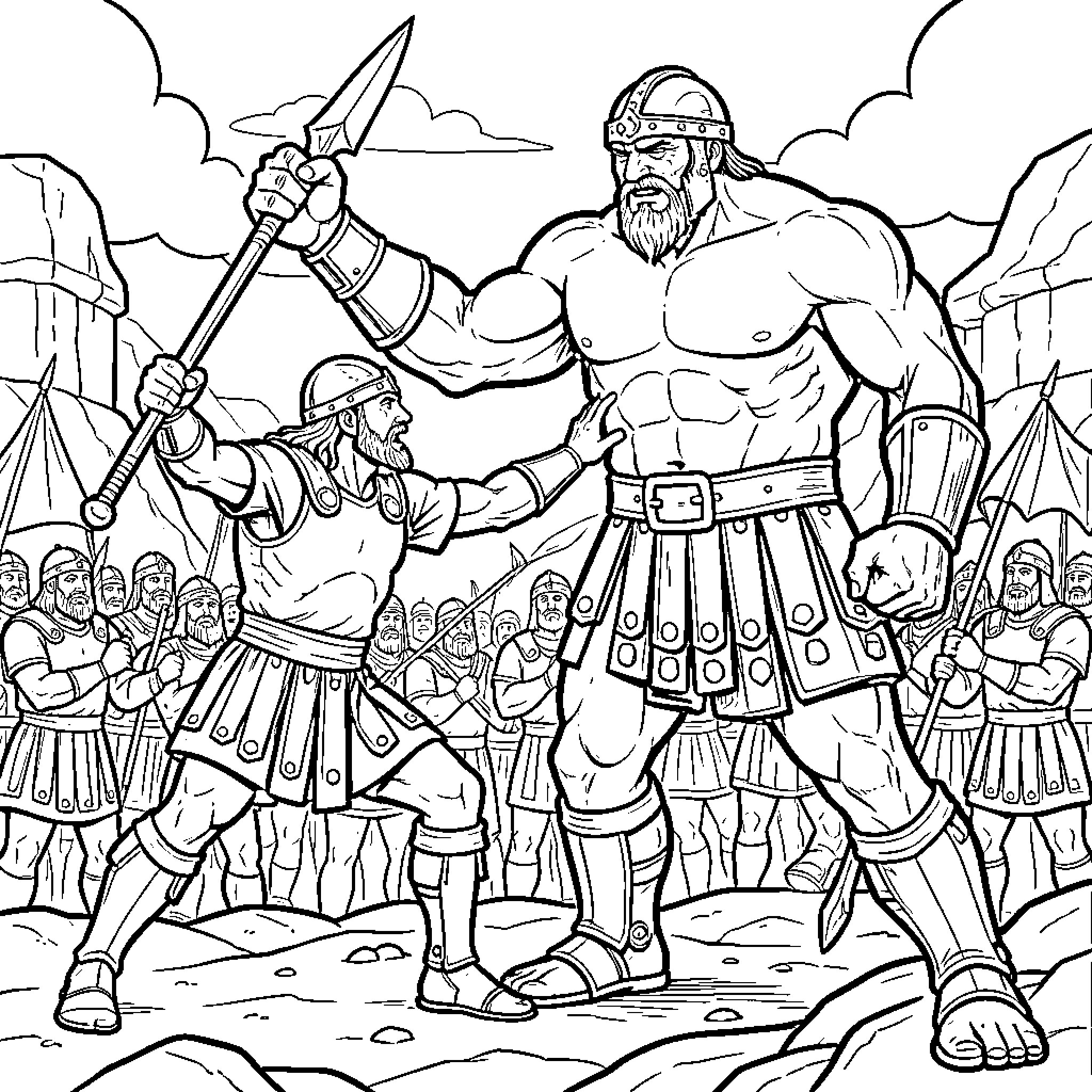David and Goliath facing off in a battle scene Coloring Page (free black-and-white line drawing printable PDF for all, from beginners to advanced learners, including children, teens, adults, and seniors)