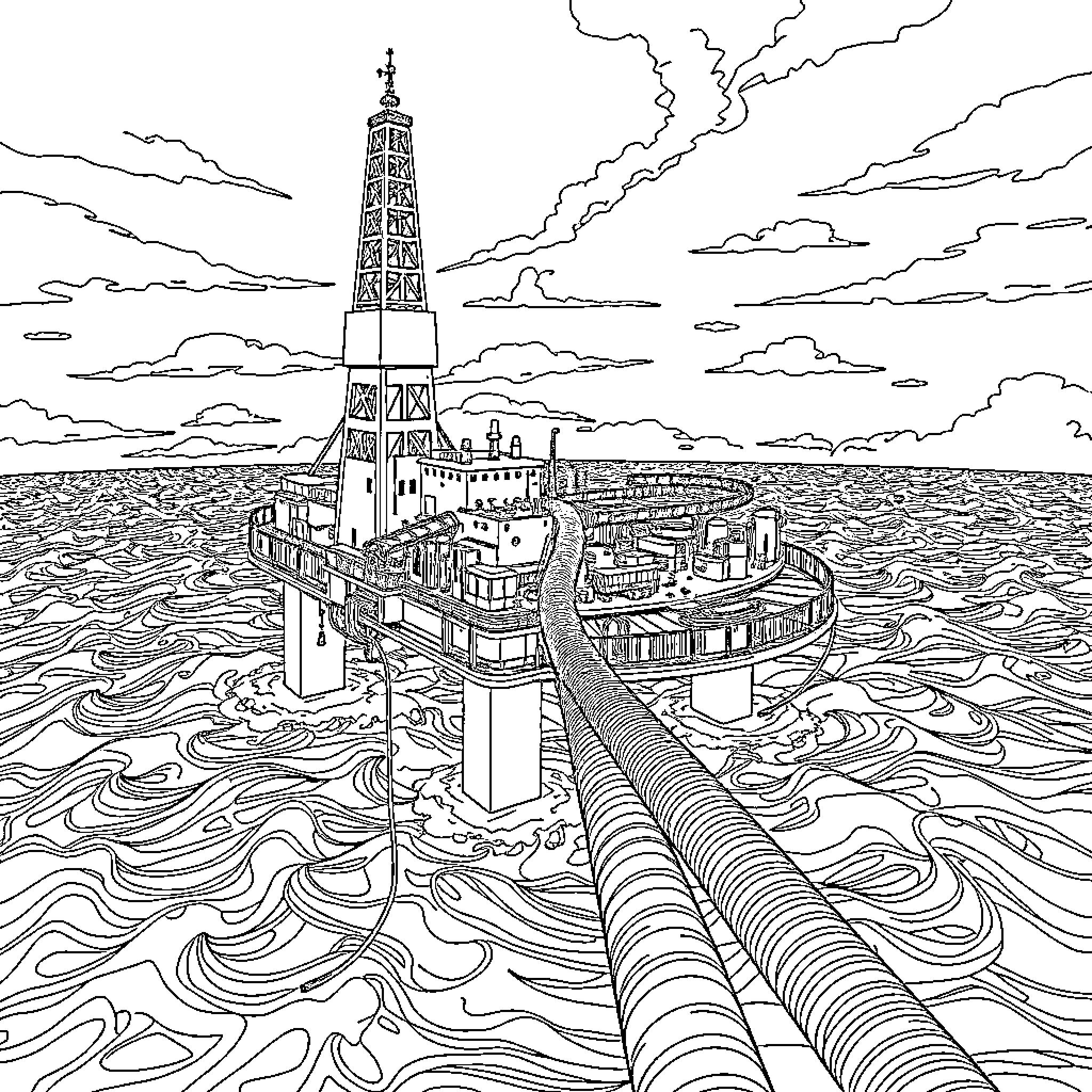 Tubing through a fantastical architectural seascape Coloring Page (free black-and-white line drawing printable PDF for all, from beginners to advanced learners, including children, teens, adults, and seniors)