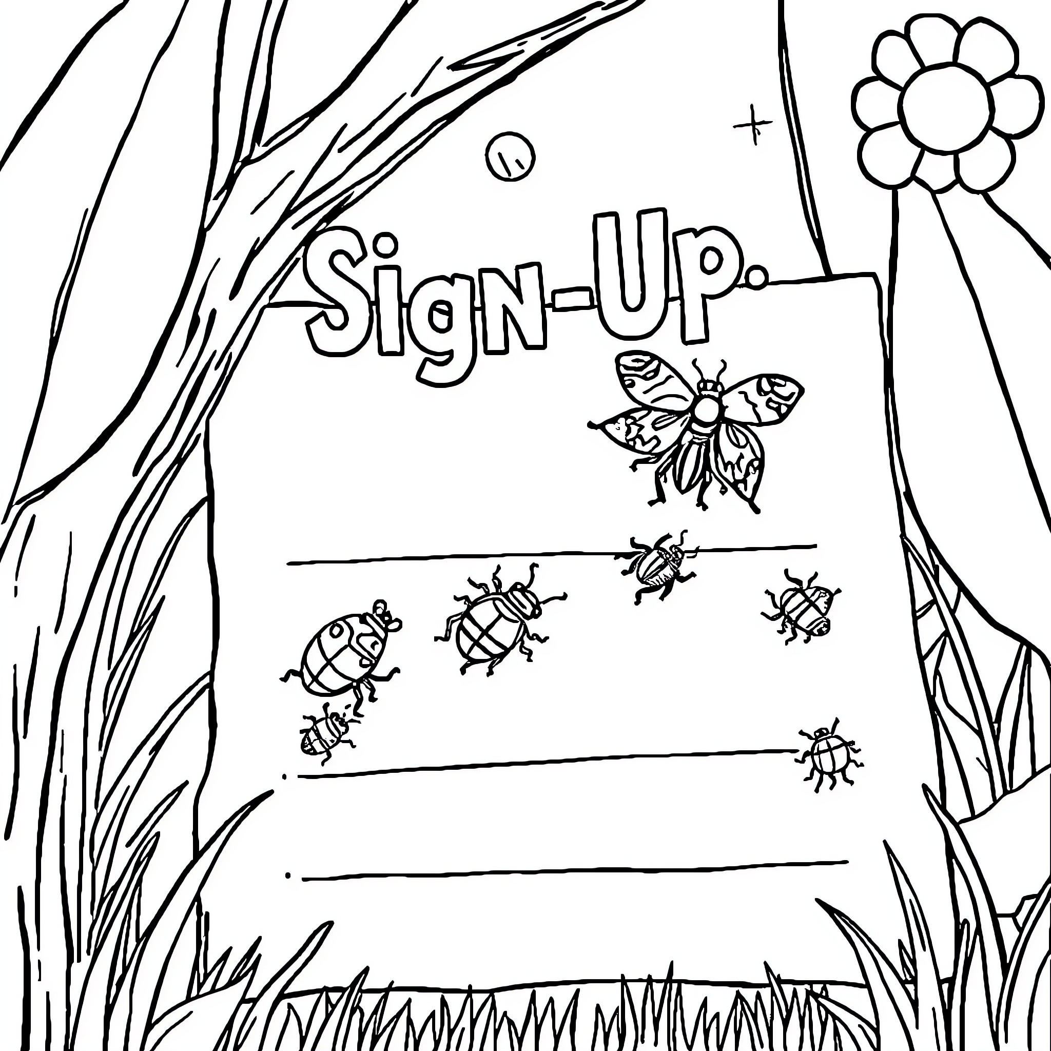 Bug Sign-Up with Insects in Nature Coloring Page (free black-and-white line drawing printable PDF for all, from beginners to advanced learners, including children, teens, adults, and seniors)