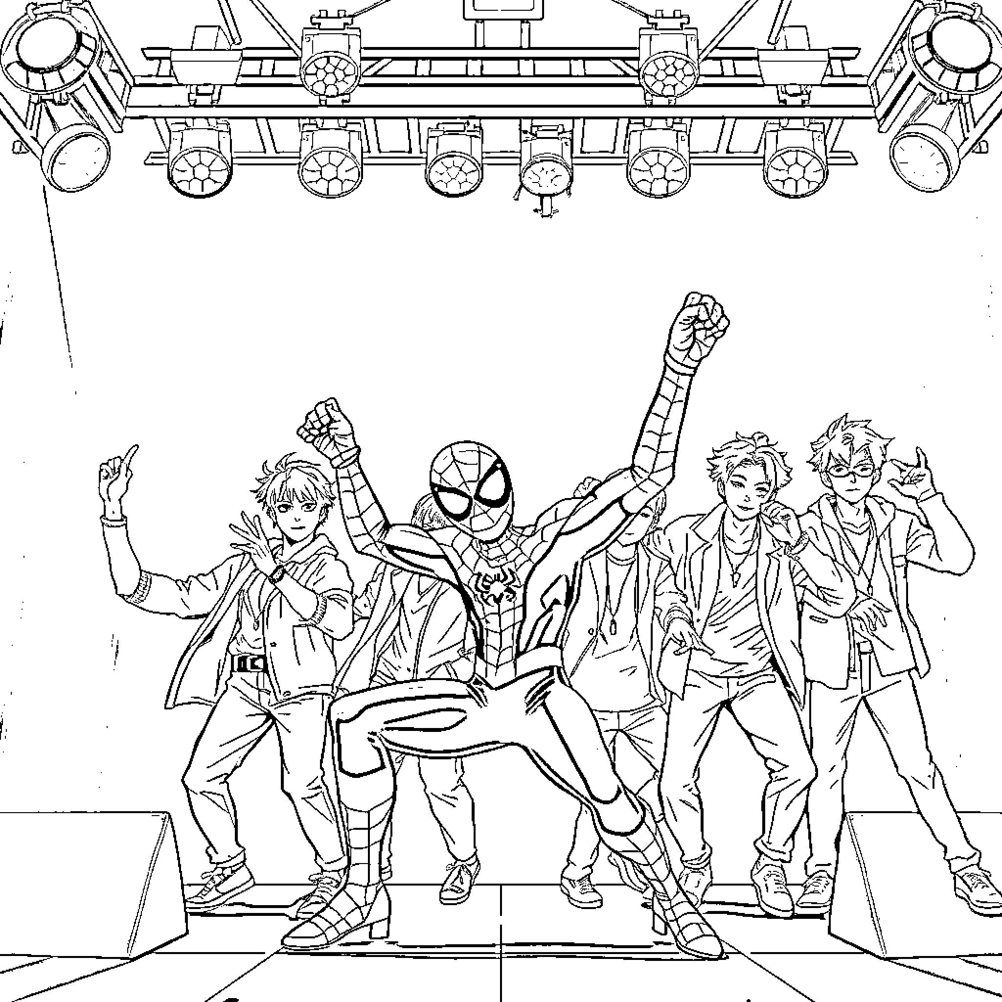 Spiderman and friends in action poses Coloring Page (free black-and-white line drawing printable PDF for all, from beginners to advanced learners, including children, teens, adults, and seniors)