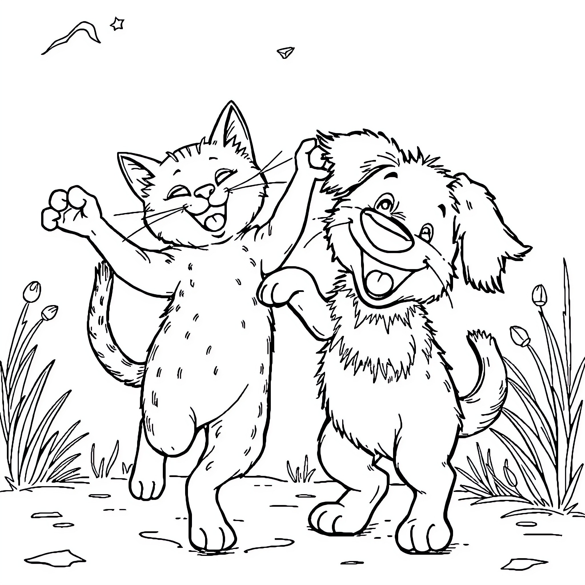 Cat and dog playing together in the park Coloring Page (free black-and-white line drawing printable PDF for all, from beginners to advanced learners, including children, teens, adults, and seniors)