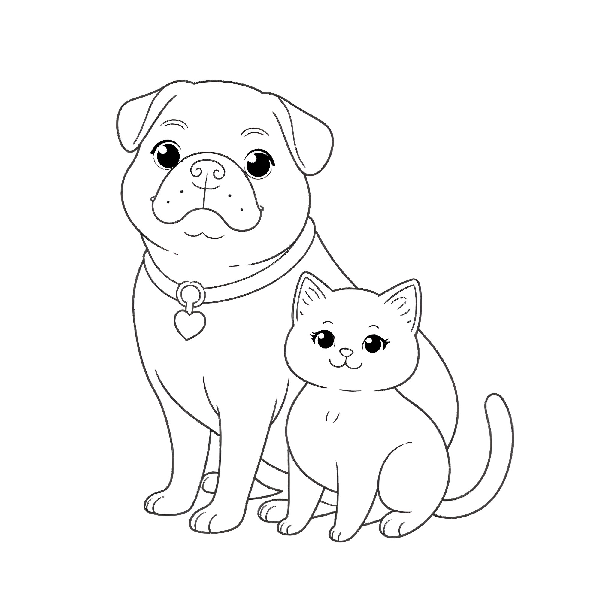 Pug and cat sitting together Coloring Page (free black-and-white line drawing printable PDF for all, from beginners to advanced learners, including children, teens, adults, and seniors)