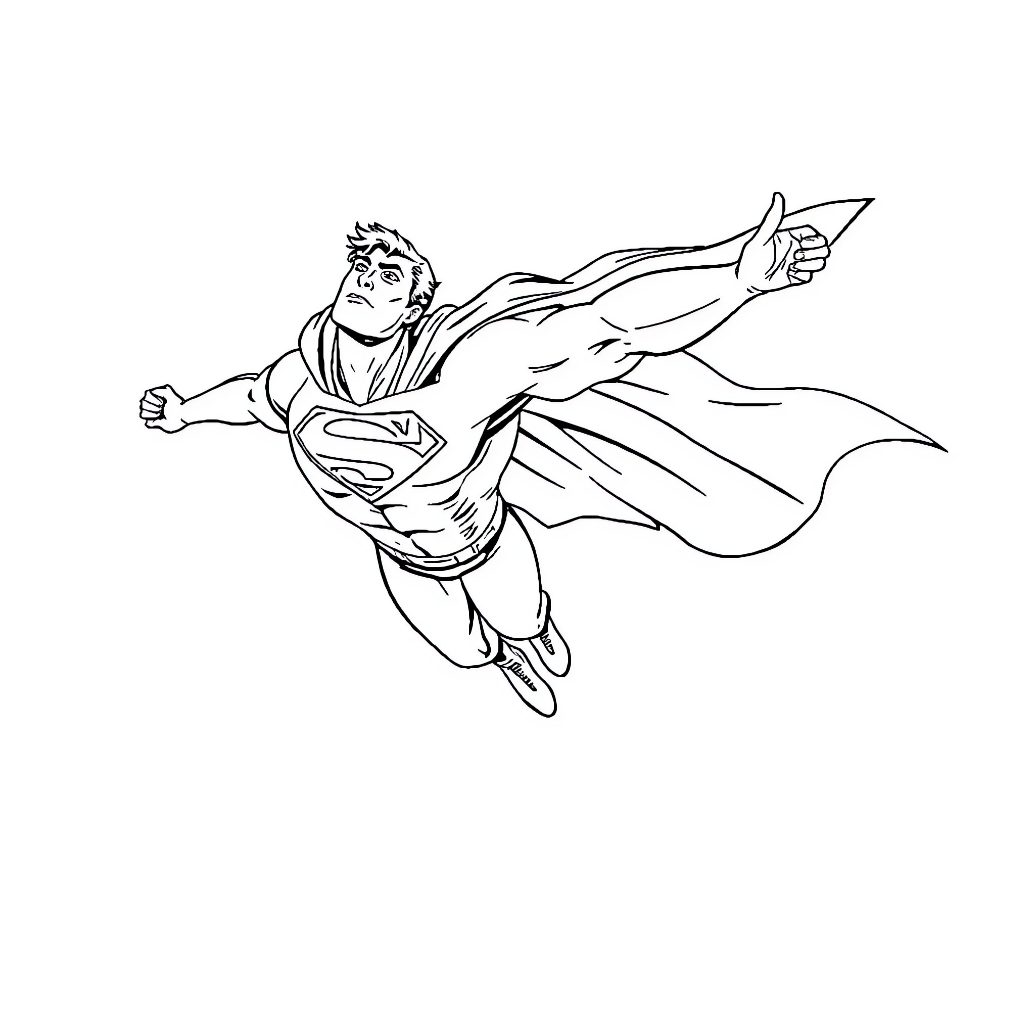 Superman soaring through the sky with outstretched arms Coloring Page (free black-and-white line drawing printable PDF for all, from beginners to advanced learners, including children, teens, adults, and seniors)