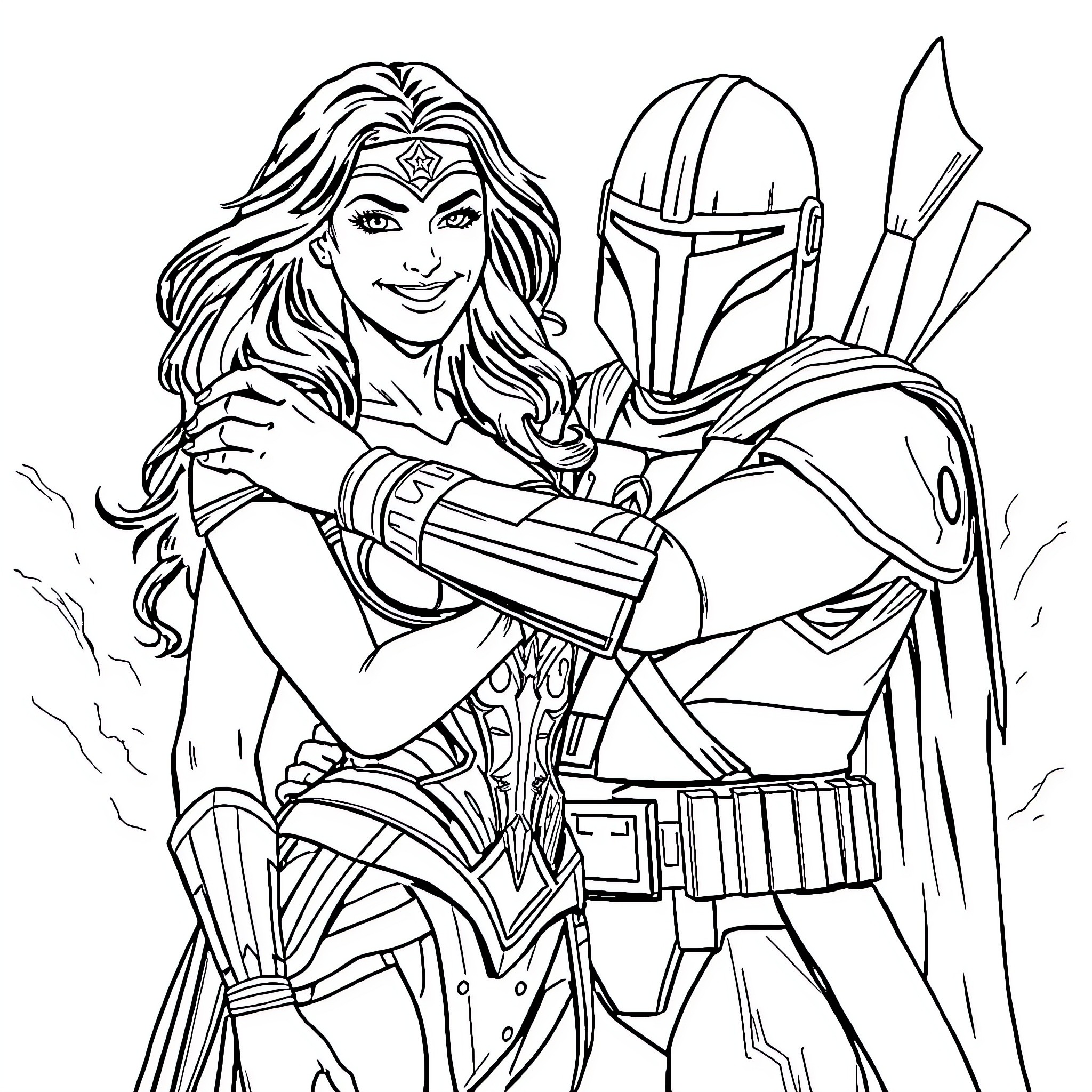 Wonderwoman in action with a warrior companion Coloring Page (free black-and-white line drawing printable PDF for all, from beginners to advanced learners, including children, teens, adults, and seniors)
