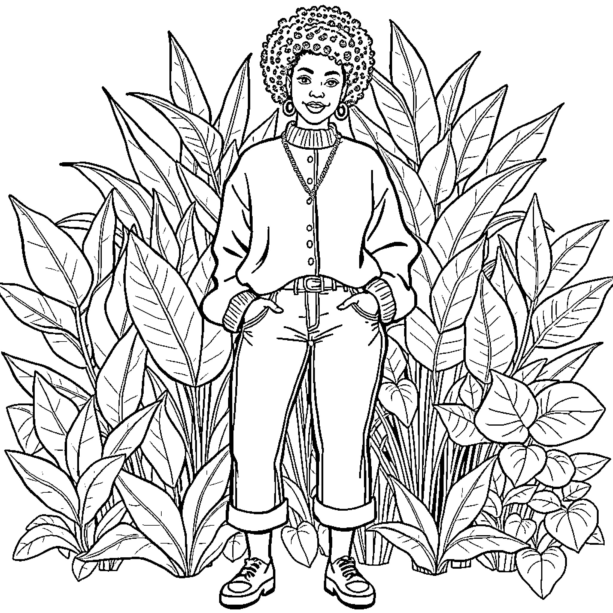Woman surrounded by lush foliage Coloring Page (free black-and-white line drawing printable PDF for all, from beginners to advanced learners, including children, teens, adults, and seniors)