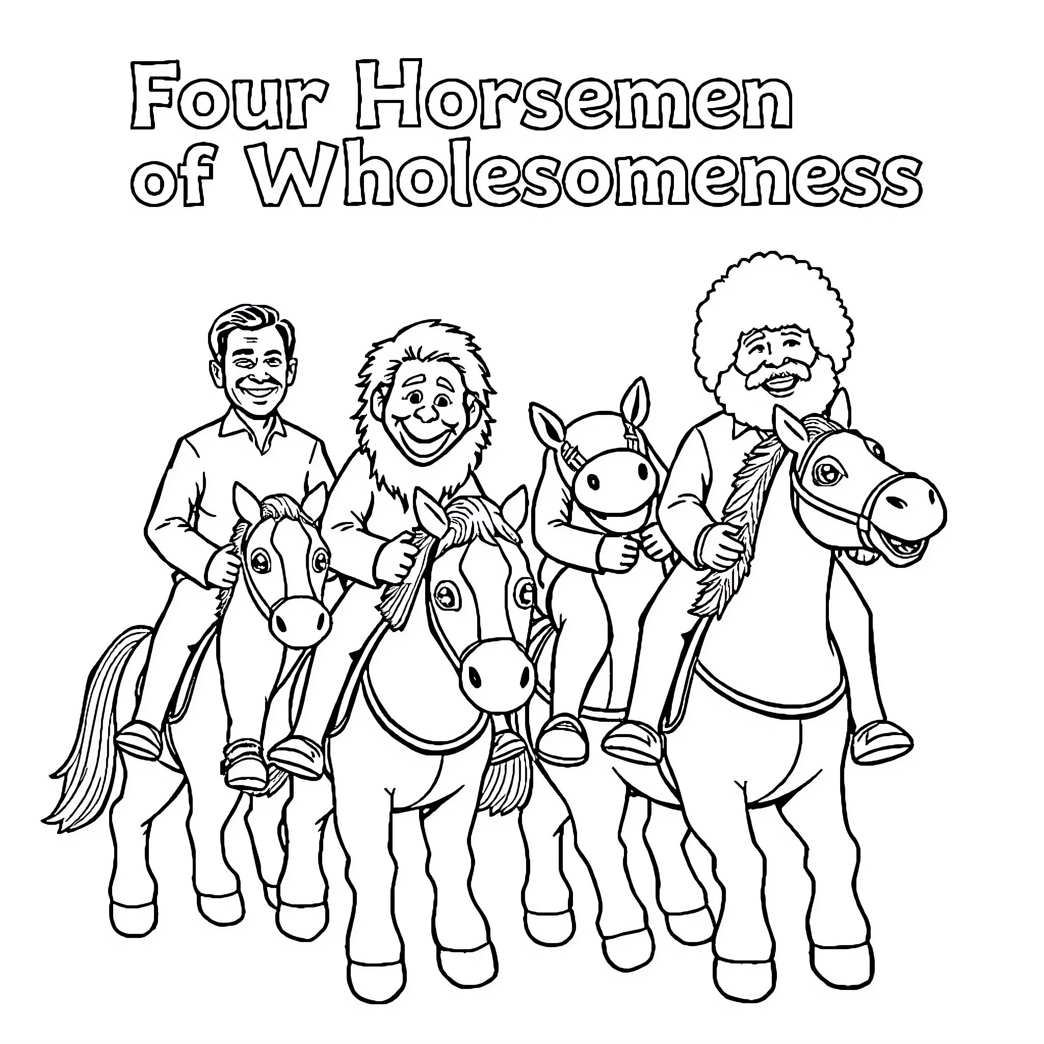 Horse Horsemen of Wholesomeness Coloring Page (free black-and-white line drawing printable PDF for all, from beginners to advanced learners, including children, teens, adults, and seniors)