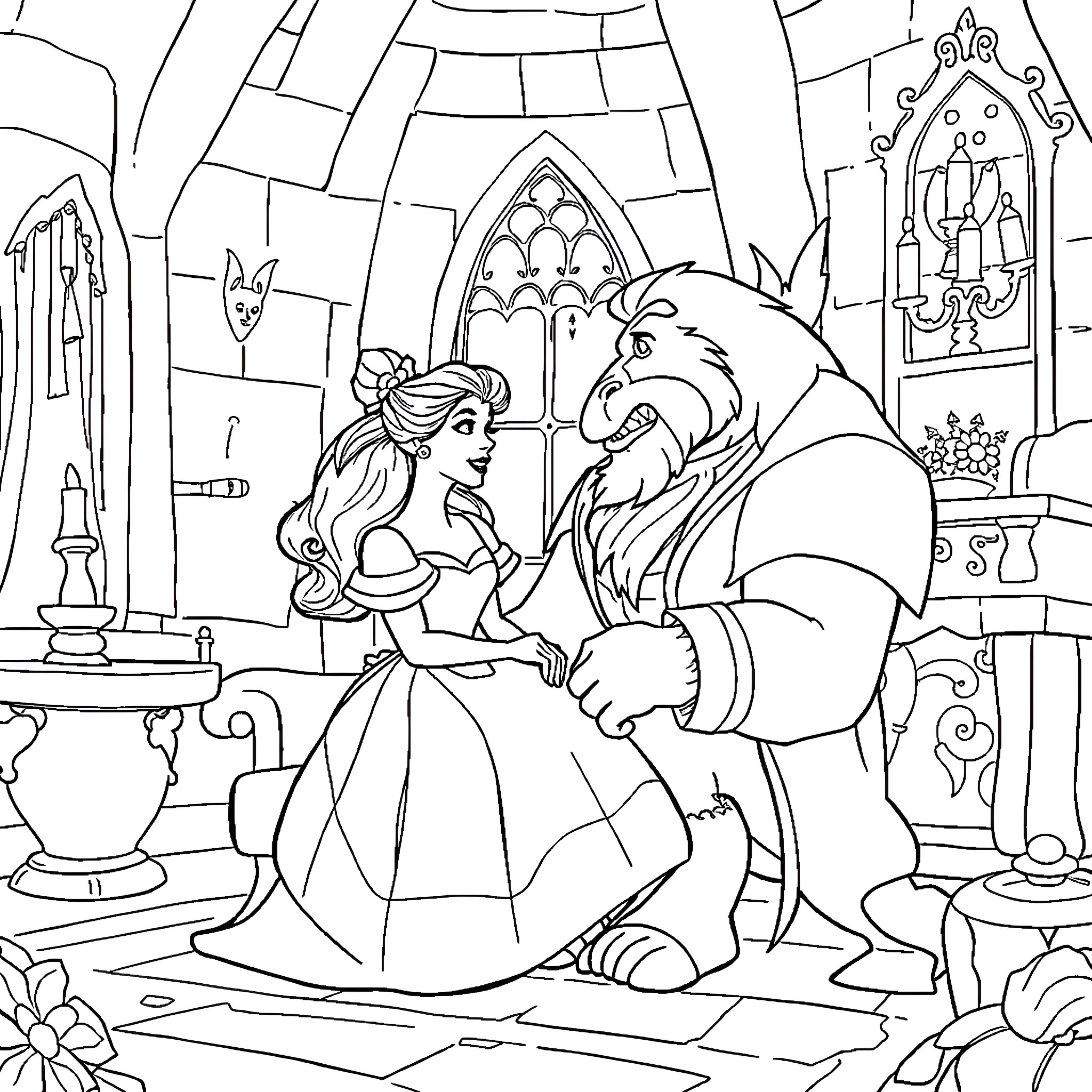Belle and the Beast in the Castle Coloring Page (free black-and-white line drawing printable PDF for all, from beginners to advanced learners, including children, teens, adults, and seniors)