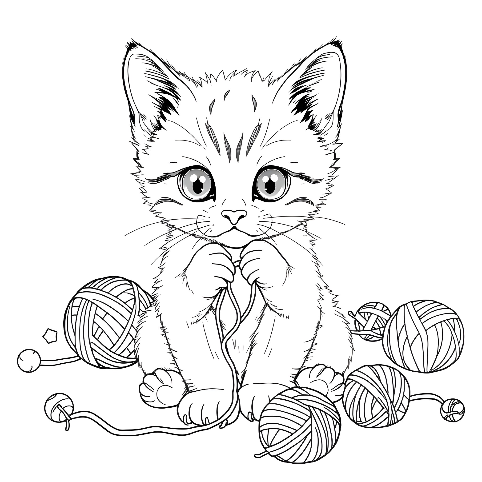 Cat playing with yarn balls Coloring Page (free black-and-white line drawing printable PDF for all, from beginners to advanced learners, including children, teens, adults, and seniors)