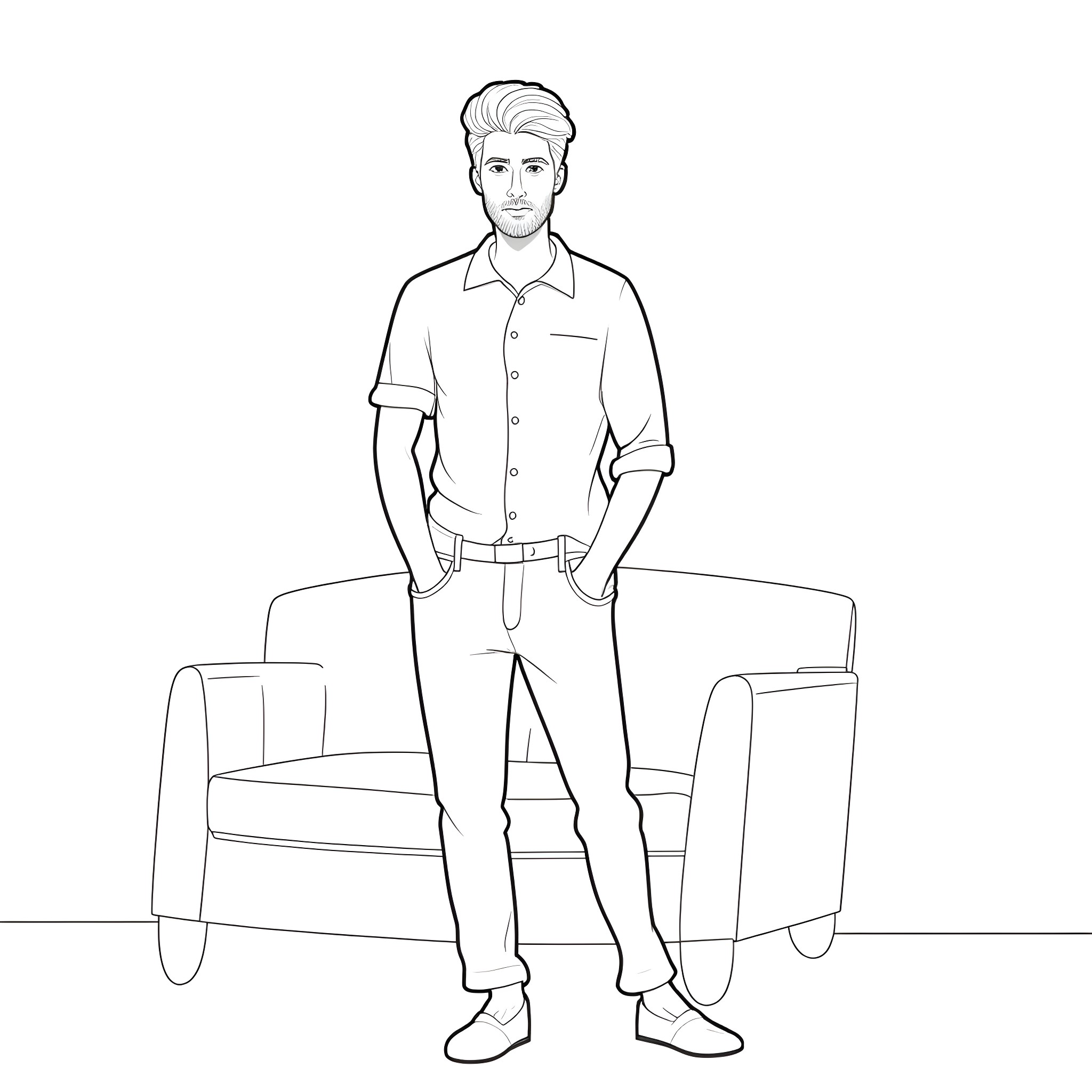 Man standing casually in front of chairs Coloring Page (free black-and-white line drawing printable PDF for all, from beginners to advanced learners, including children, teens, adults, and seniors)