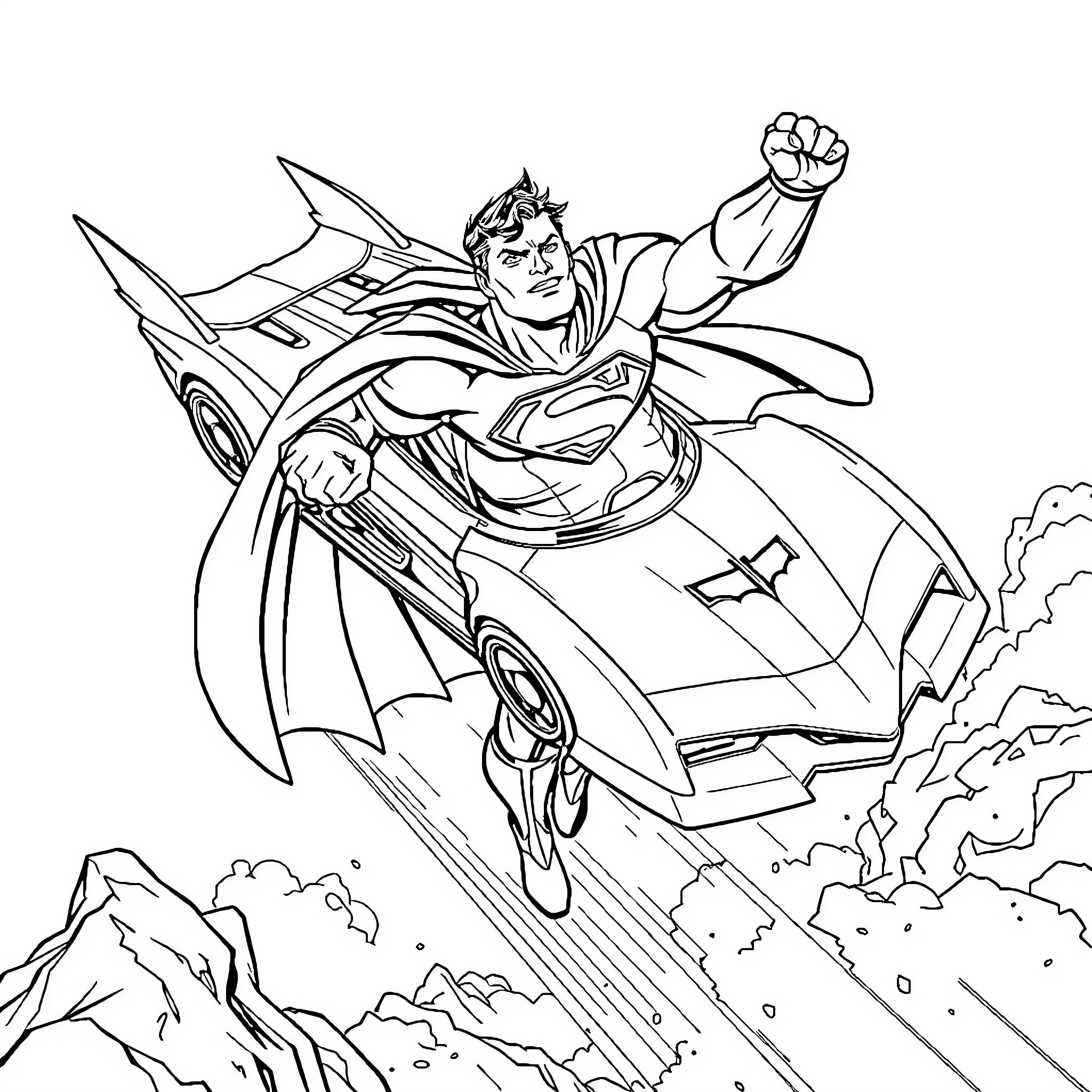 Superman Soaring Through the Sky in His Iconic Pose Coloring Page (free black-and-white line drawing printable PDF for all, from beginners to advanced learners, including children, teens, adults, and seniors)
