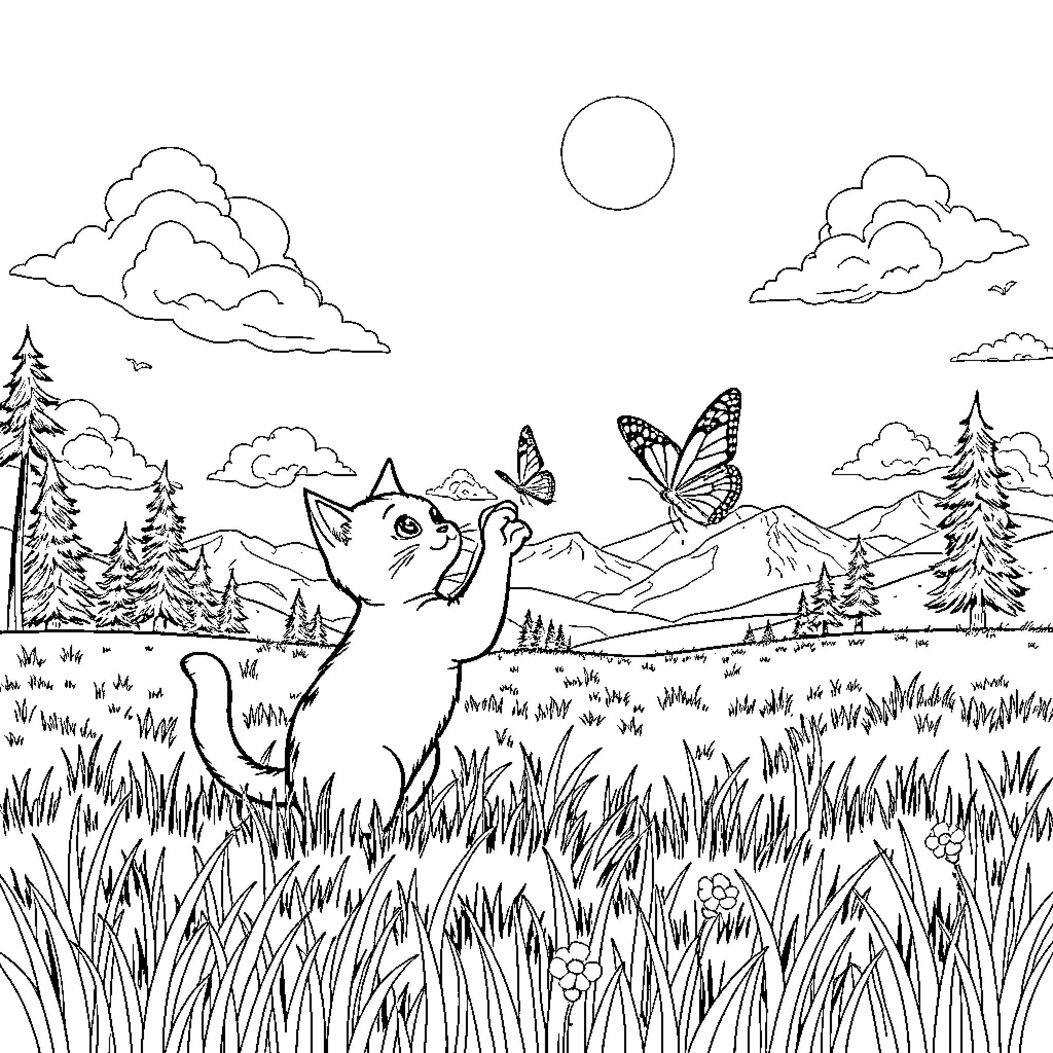 Cat exploring scenic mountain landscape with butterfly Coloring Page (free black-and-white line drawing printable PDF for all, from beginners to advanced learners, including children, teens, adults, and seniors)