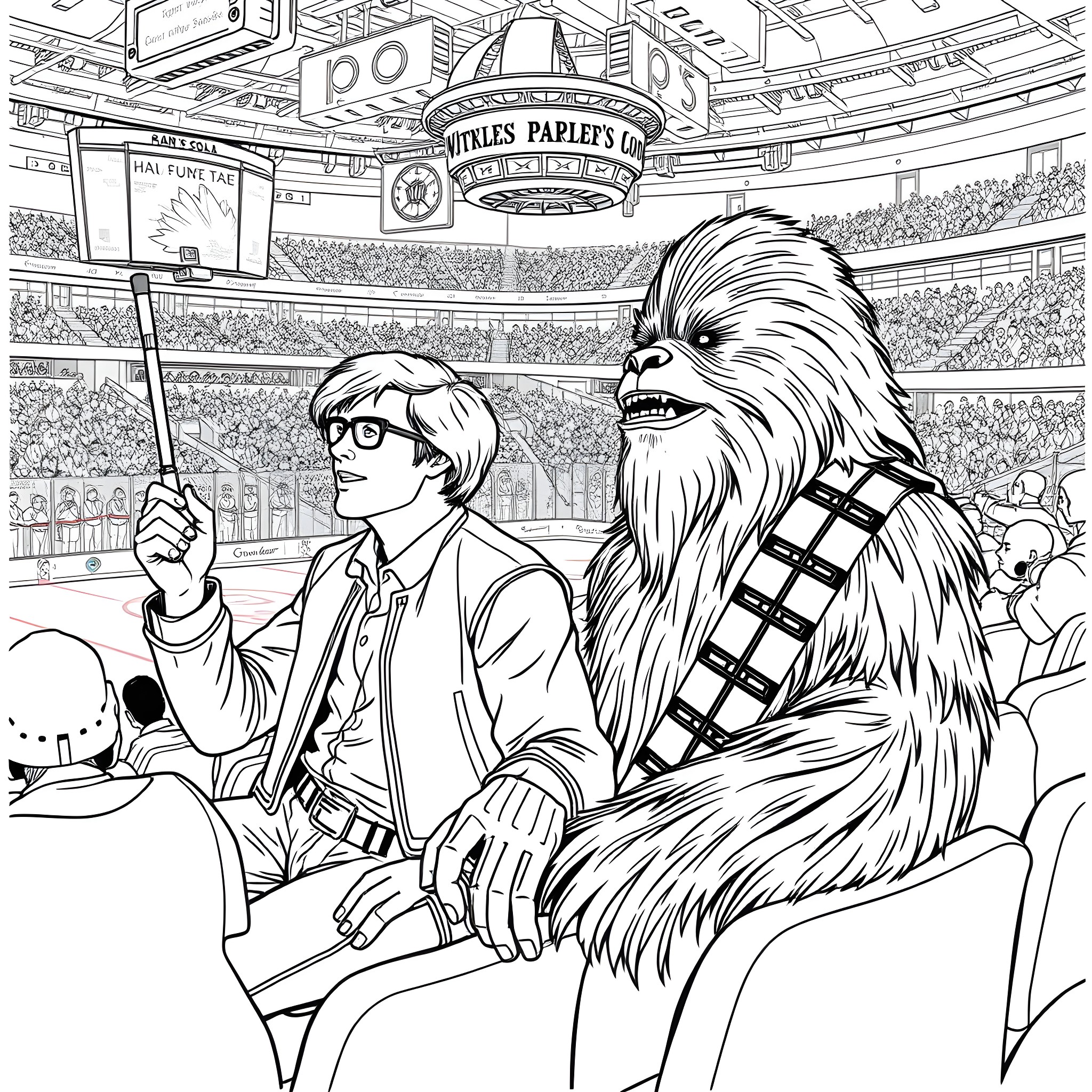 Han Solo and Chewbacca enjoying the game in the stadium Coloring Page (free black-and-white line drawing printable PDF for all, from beginners to advanced learners, including children, teens, adults, and seniors)