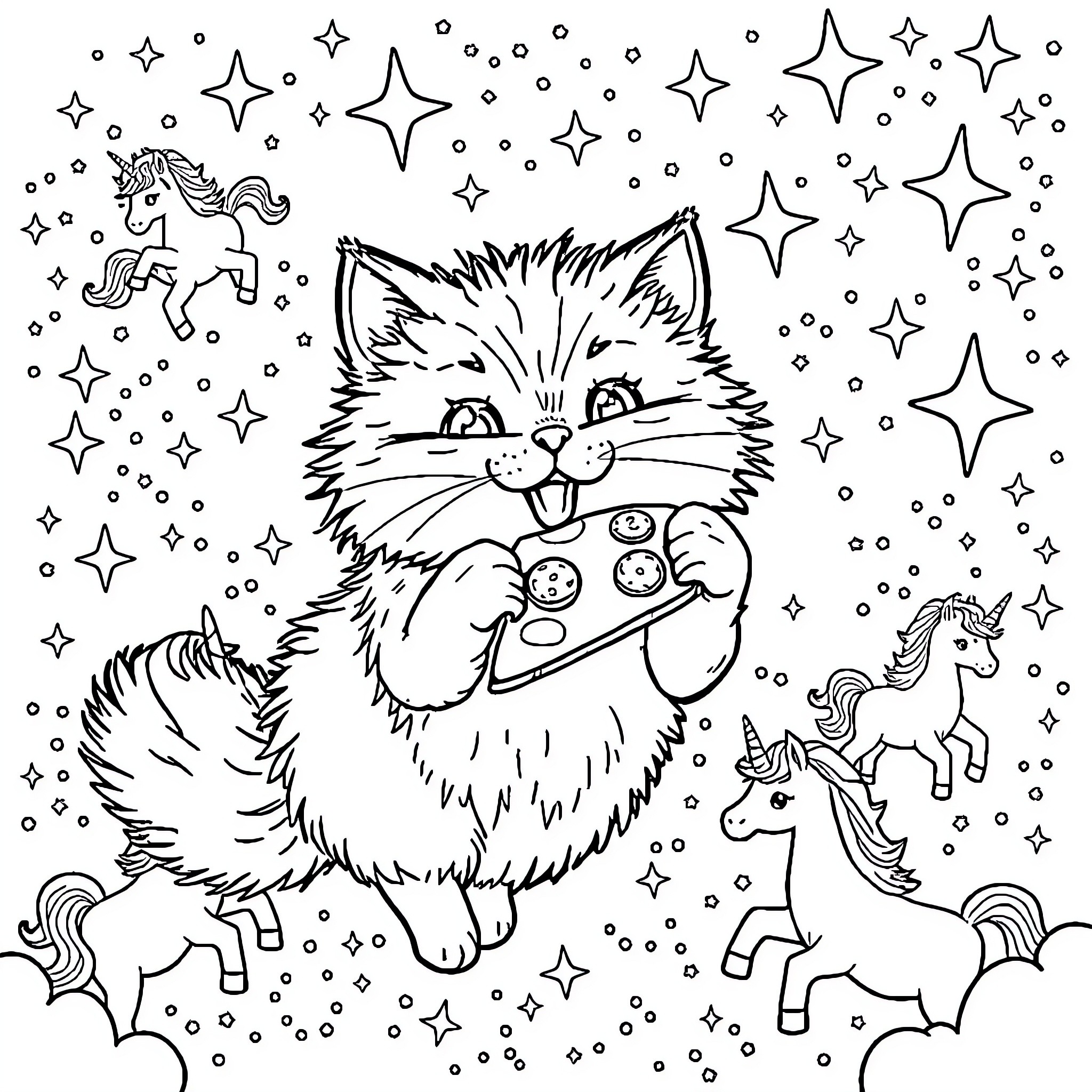 Cat playing with unicorns among the stars Coloring Page (free black-and-white line drawing printable PDF for all, from beginners to advanced learners, including children, teens, adults, and seniors)