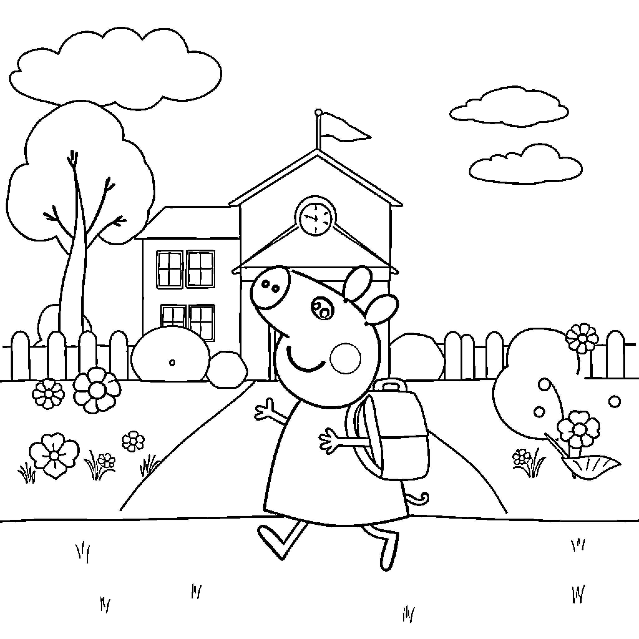 Peppa Pig going to school on a sunny day Coloring Page (free black-and-white line drawing printable PDF for all, from beginners to advanced learners, including children, teens, adults, and seniors)