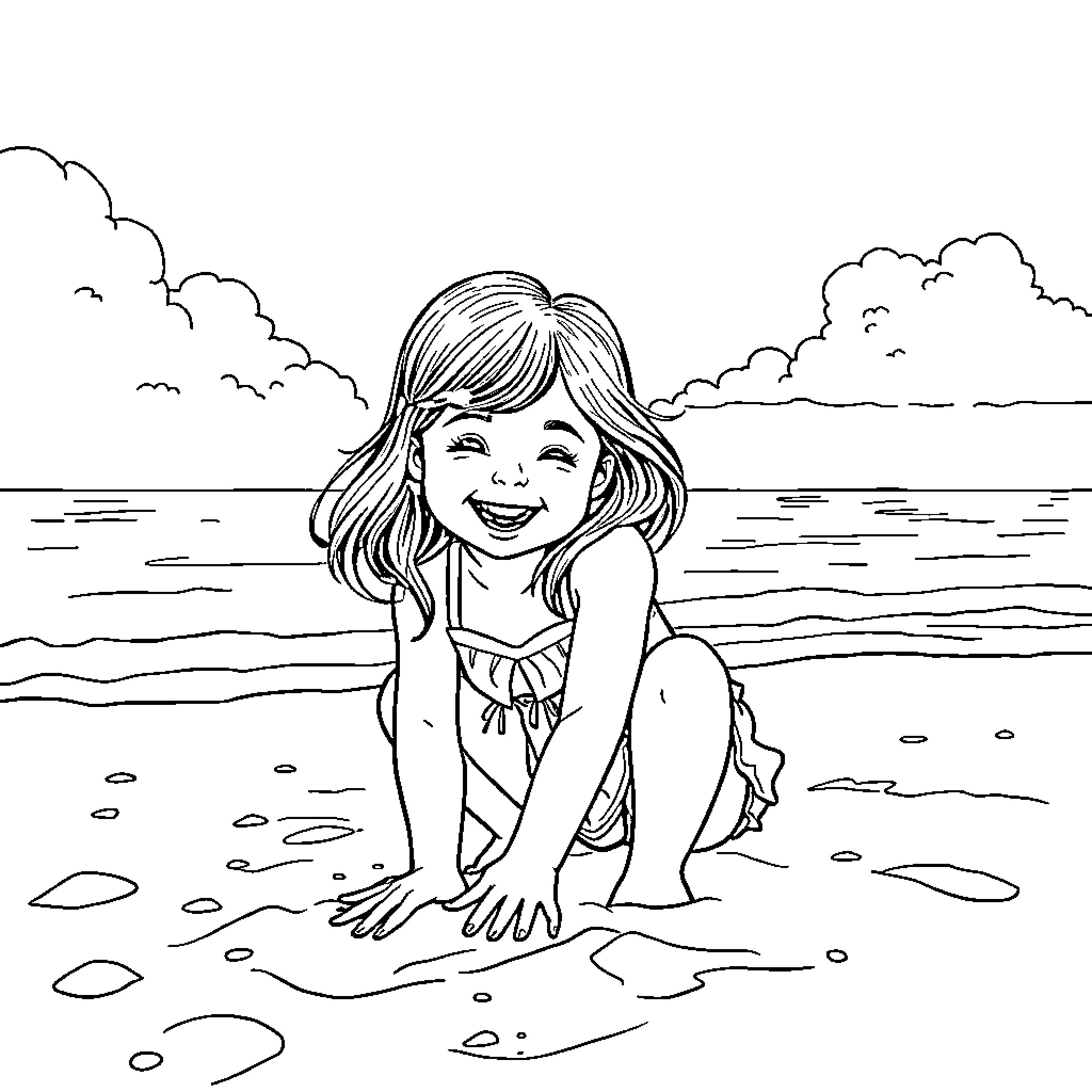 Girl playing happily on the beach Coloring Page (free black-and-white line drawing printable PDF for all, from beginners to advanced learners, including children, teens, adults, and seniors)