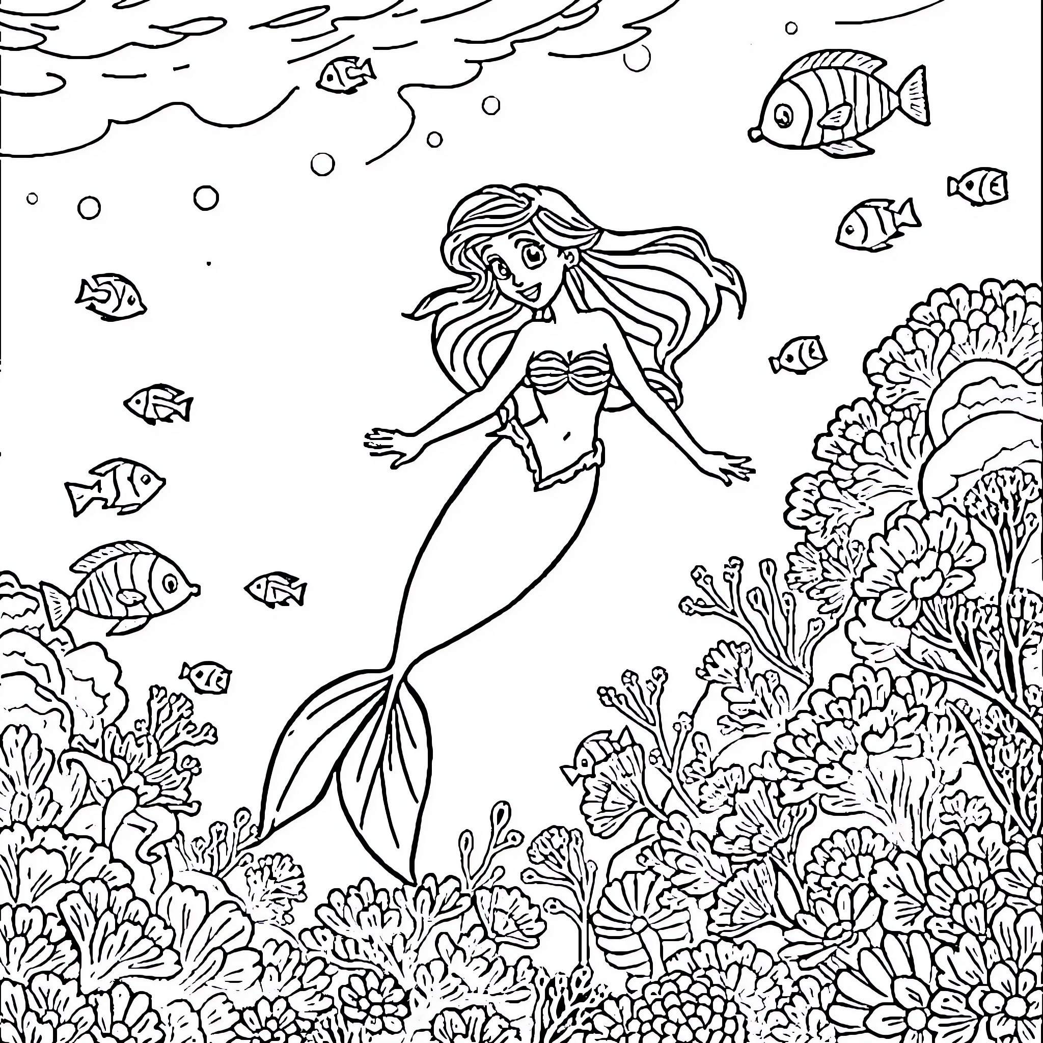 Ariel swimming among vibrant sea creatures Coloring Page (free black-and-white line drawing printable PDF for all, from beginners to advanced learners, including children, teens, adults, and seniors)