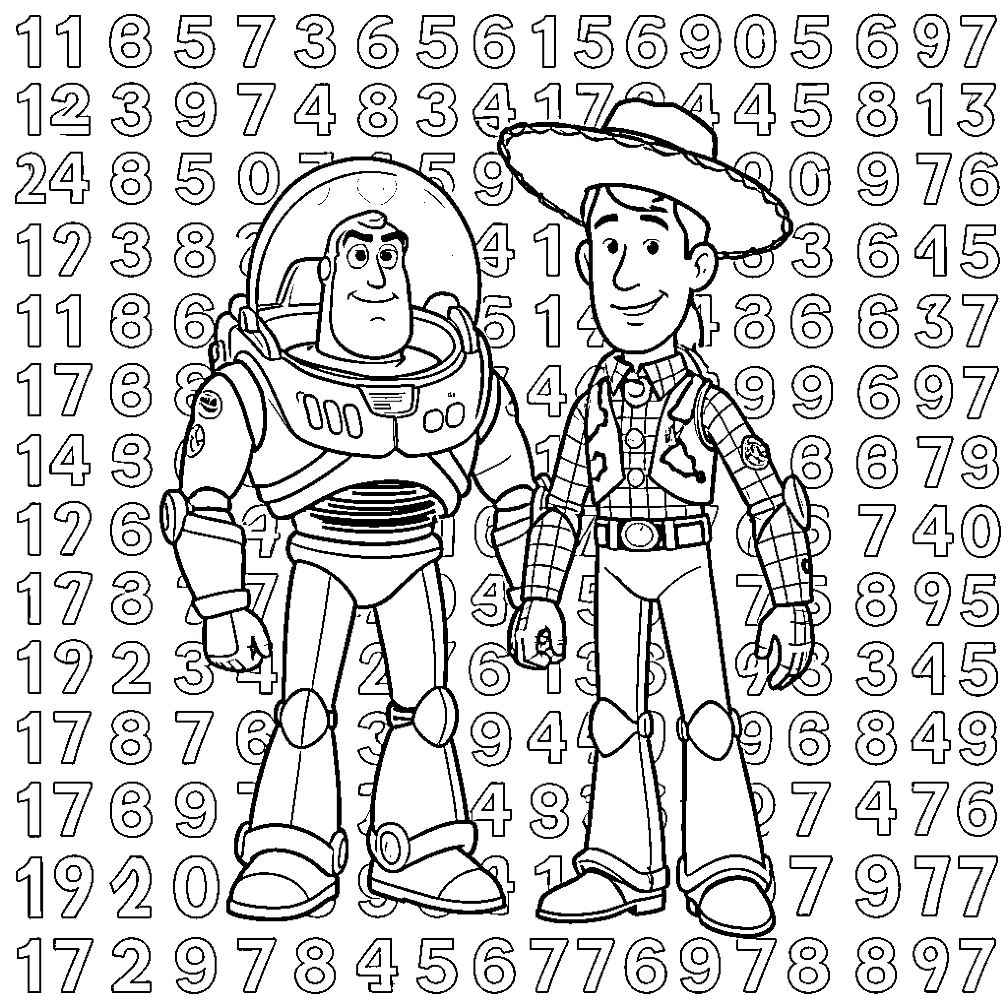 Buzz Lightyear and Woody standing together among numbers Coloring Page (free black-and-white line drawing printable PDF for all, from beginners to advanced learners, including children, teens, adults, and seniors)