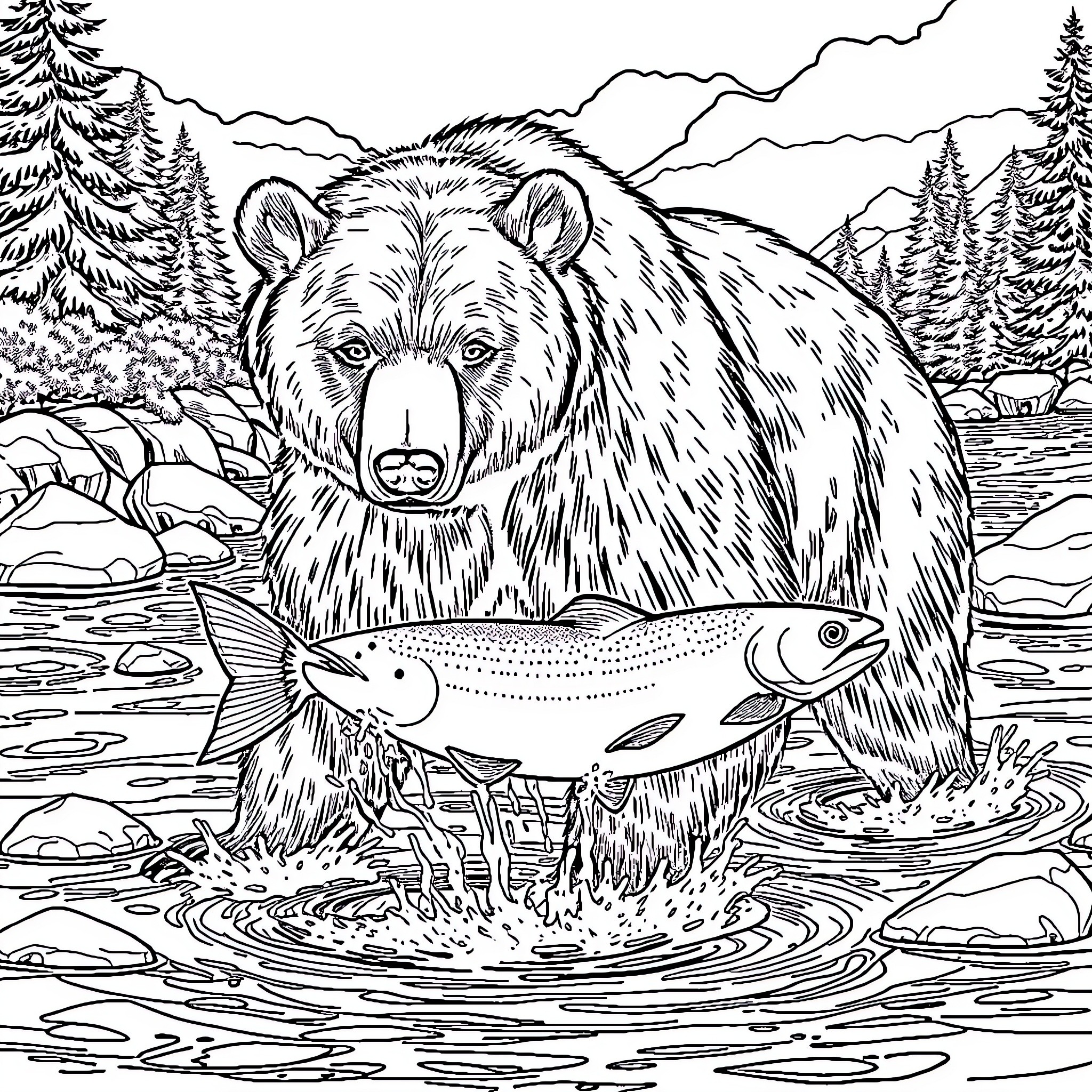 Bear Fishing in the Wilderness River Coloring Page (free black-and-white line drawing printable PDF for all, from beginners to advanced learners, including children, teens, adults, and seniors)