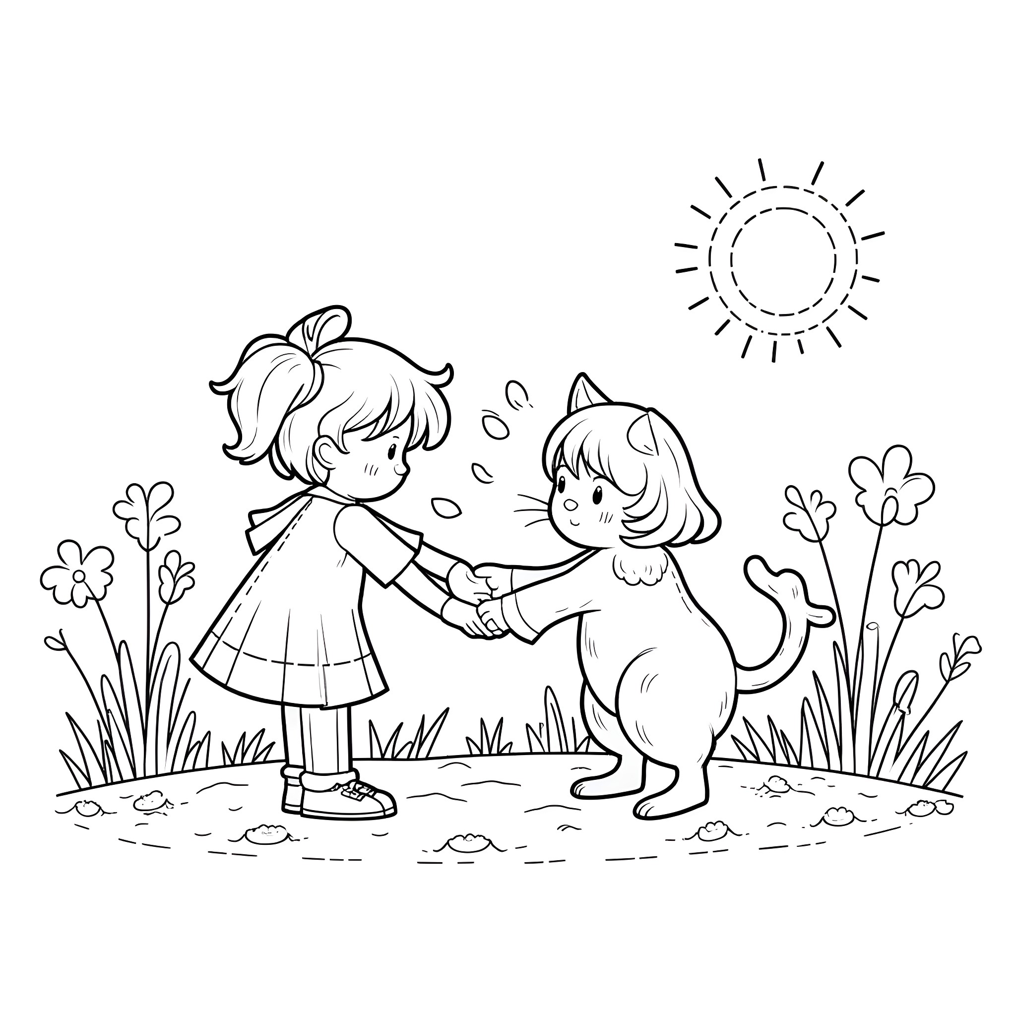 Cat and girl playing together in the sun Coloring Page (free black-and-white line drawing printable PDF for all, from beginners to advanced learners, including children, teens, adults, and seniors)