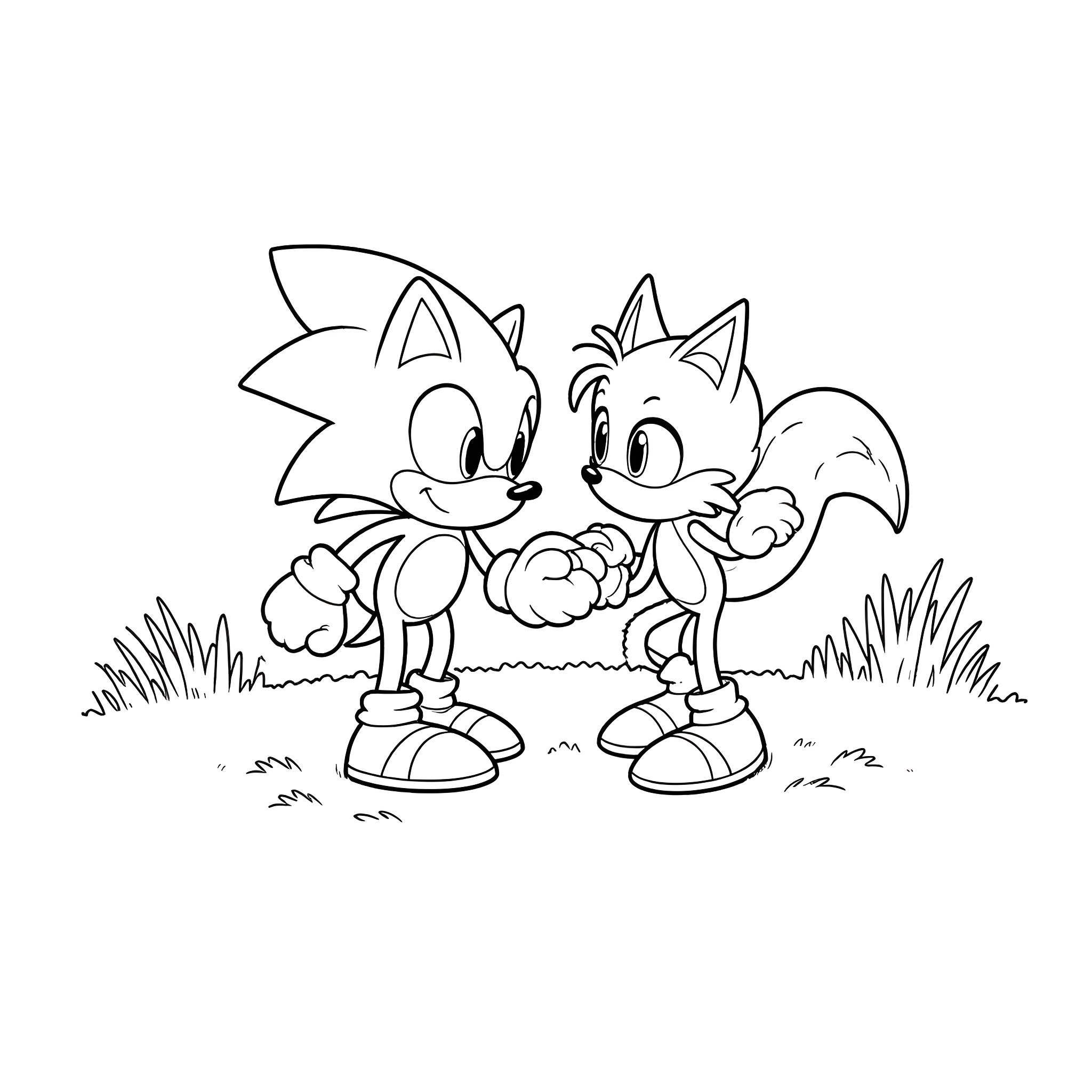 Sonic and friend in a joyful scene Coloring Page (free black-and-white line drawing printable PDF for all, from beginners to advanced learners, including children, teens, adults, and seniors)