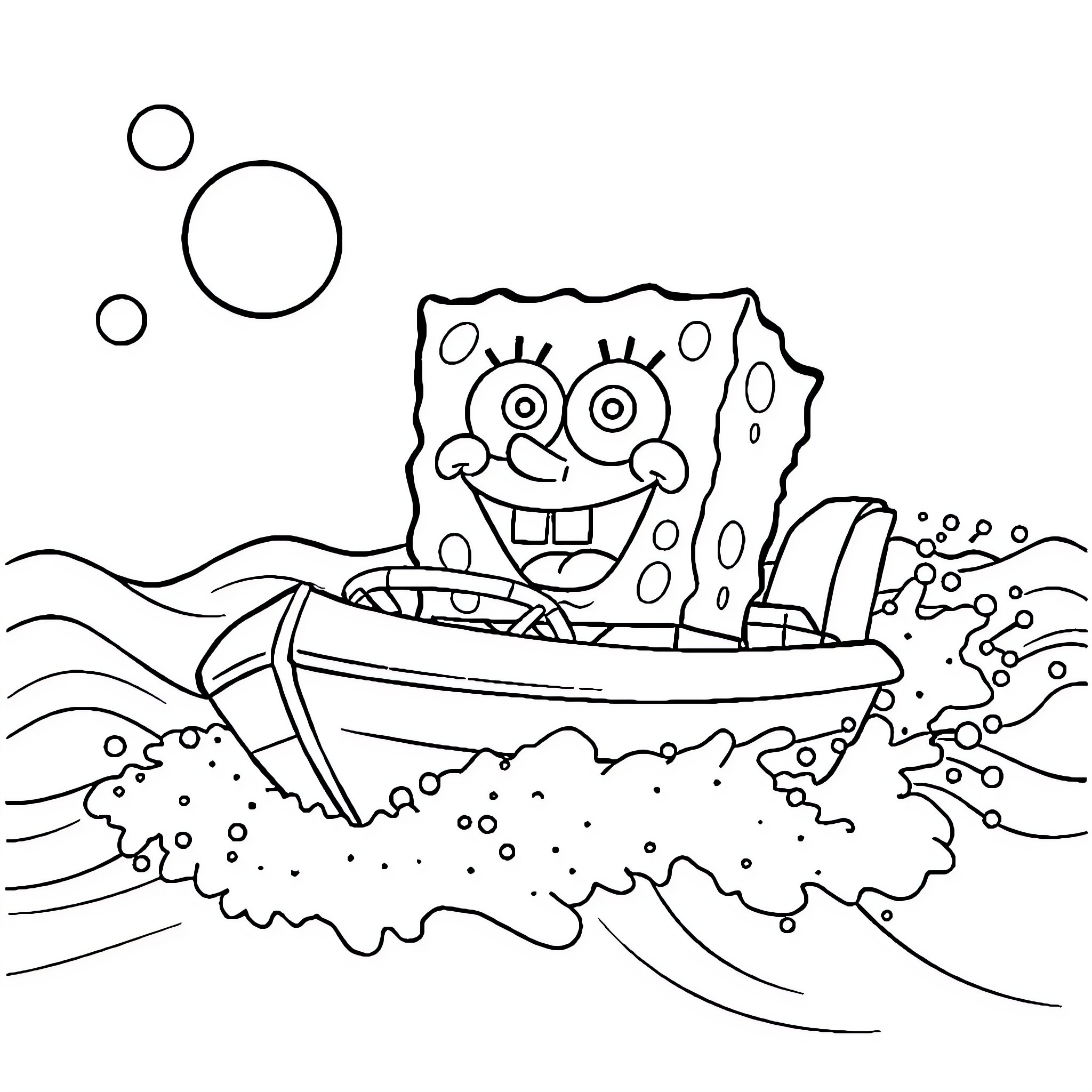 Spongebob riding waves in a boat Coloring Page (free black-and-white line drawing printable PDF for all, from beginners to advanced learners, including children, teens, adults, and seniors)