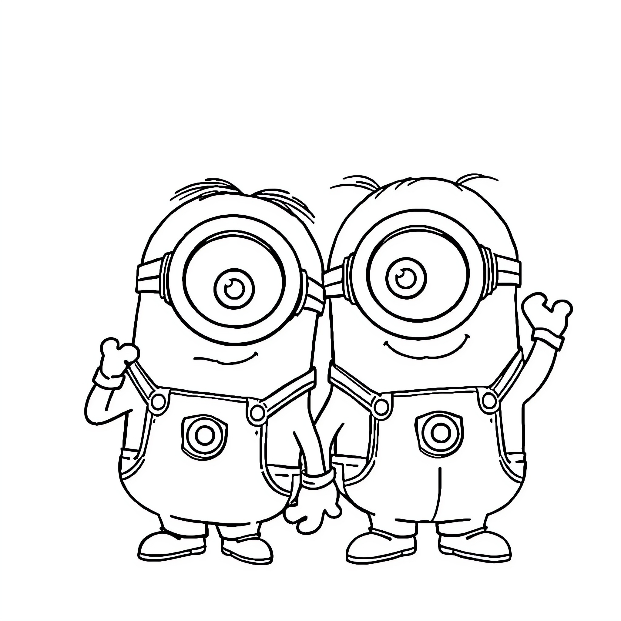 Minions posing together in their iconic outfits Coloring Page (free black-and-white line drawing printable PDF for all, from beginners to advanced learners, including children, teens, adults, and seniors)