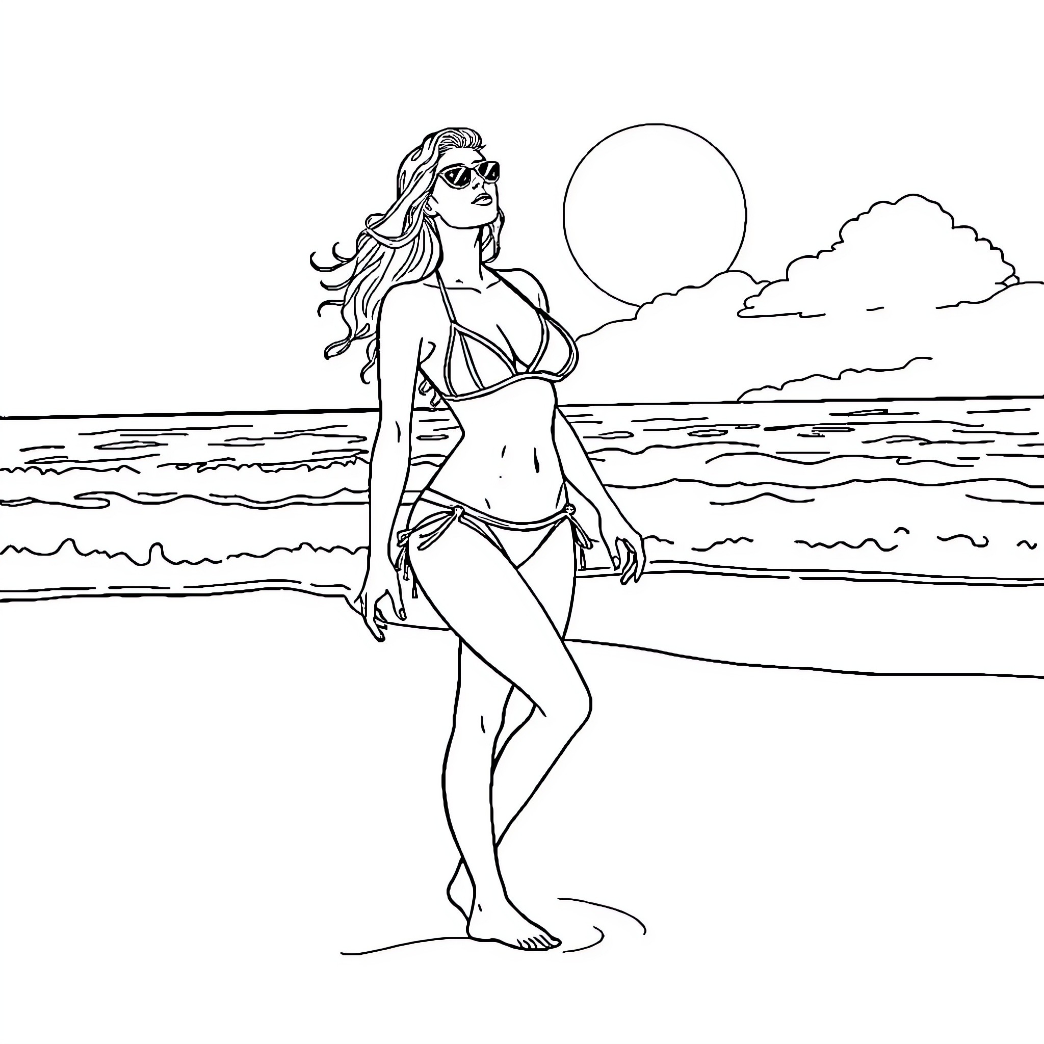 Woman posing confidently on the beach Coloring Page (free black-and-white line drawing printable PDF for all, from beginners to advanced learners, including children, teens, adults, and seniors)