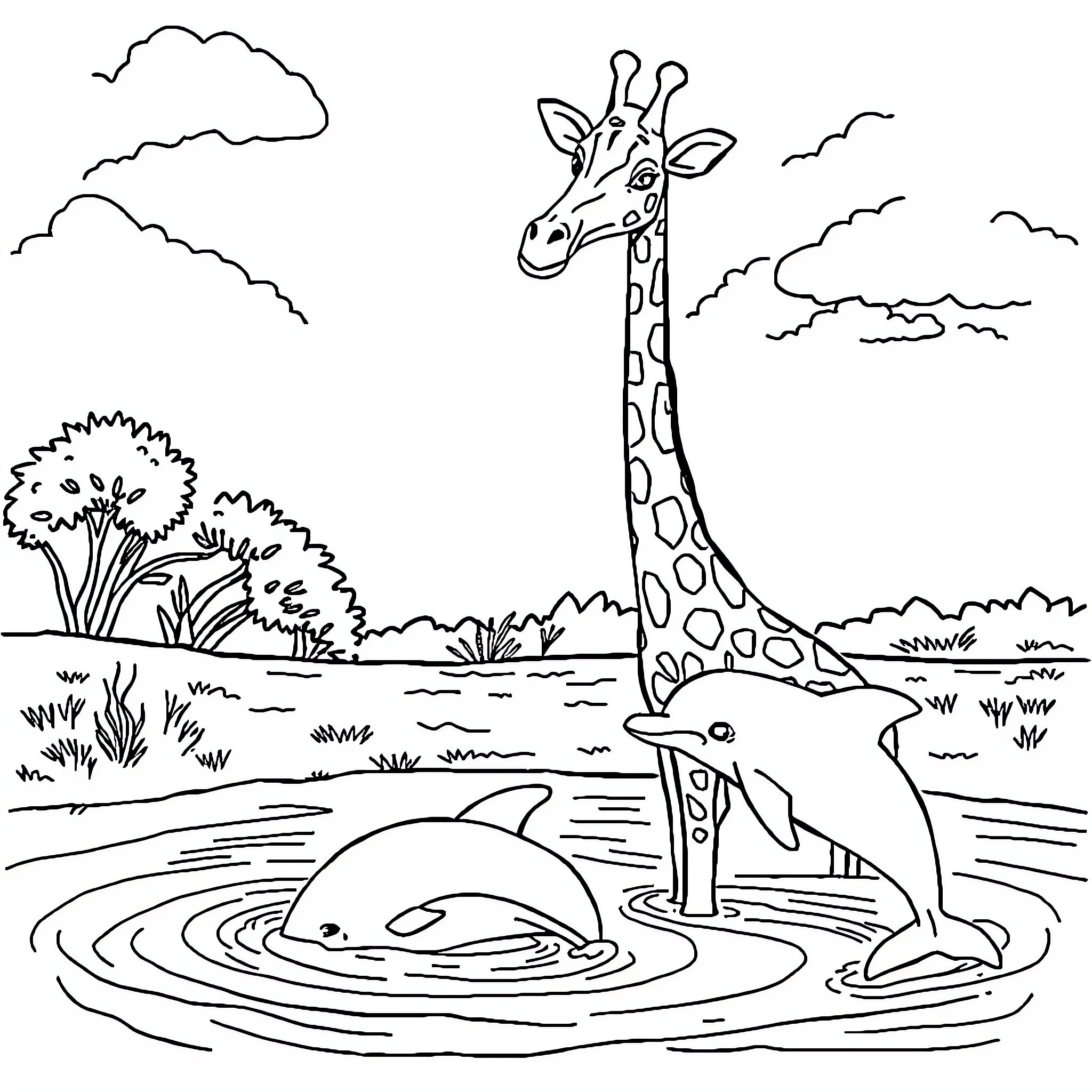 Dolphin swims playfully with giraffe in natural setting Coloring Page (free black-and-white line drawing printable PDF for all, from beginners to advanced learners, including children, teens, adults, and seniors)