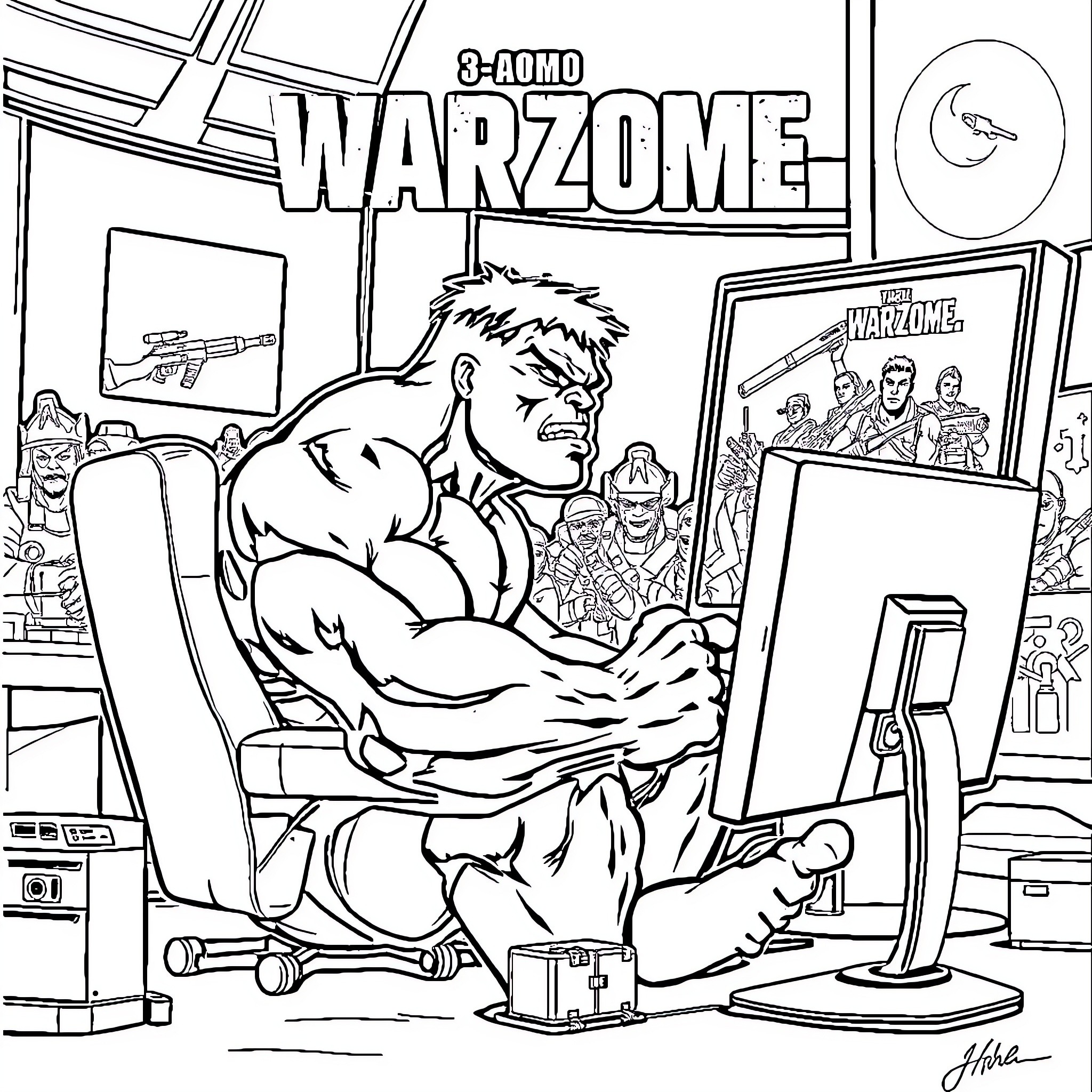 Hulk Playing Warzone Video Game Coloring Page (free black-and-white line drawing printable PDF for all, from beginners to advanced learners, including children, teens, adults, and seniors)