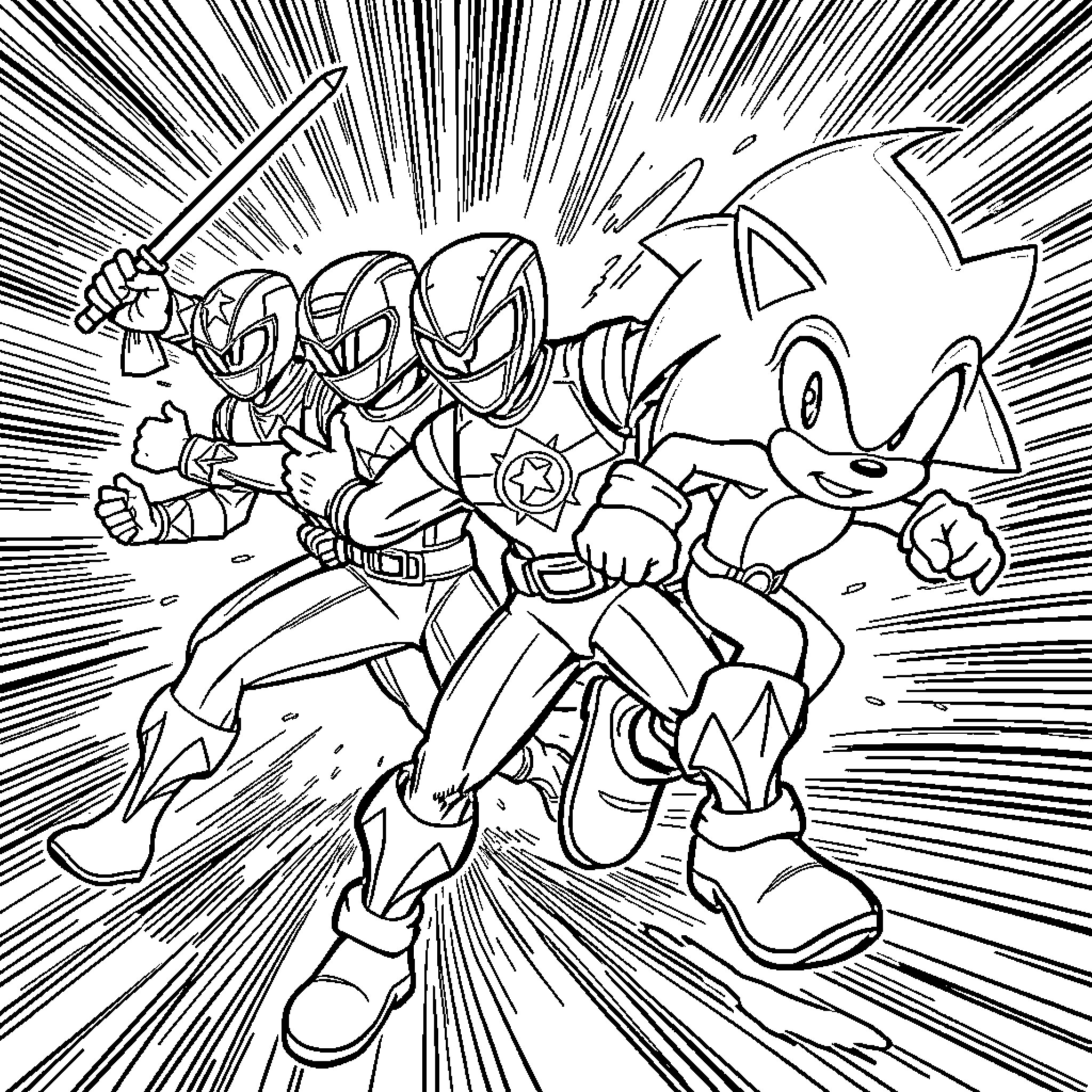 Power Rangers in heroic action pose with Sonic the Hedgehog Coloring Page (free black-and-white line drawing printable PDF for all, from beginners to advanced learners, including children, teens, adults, and seniors)