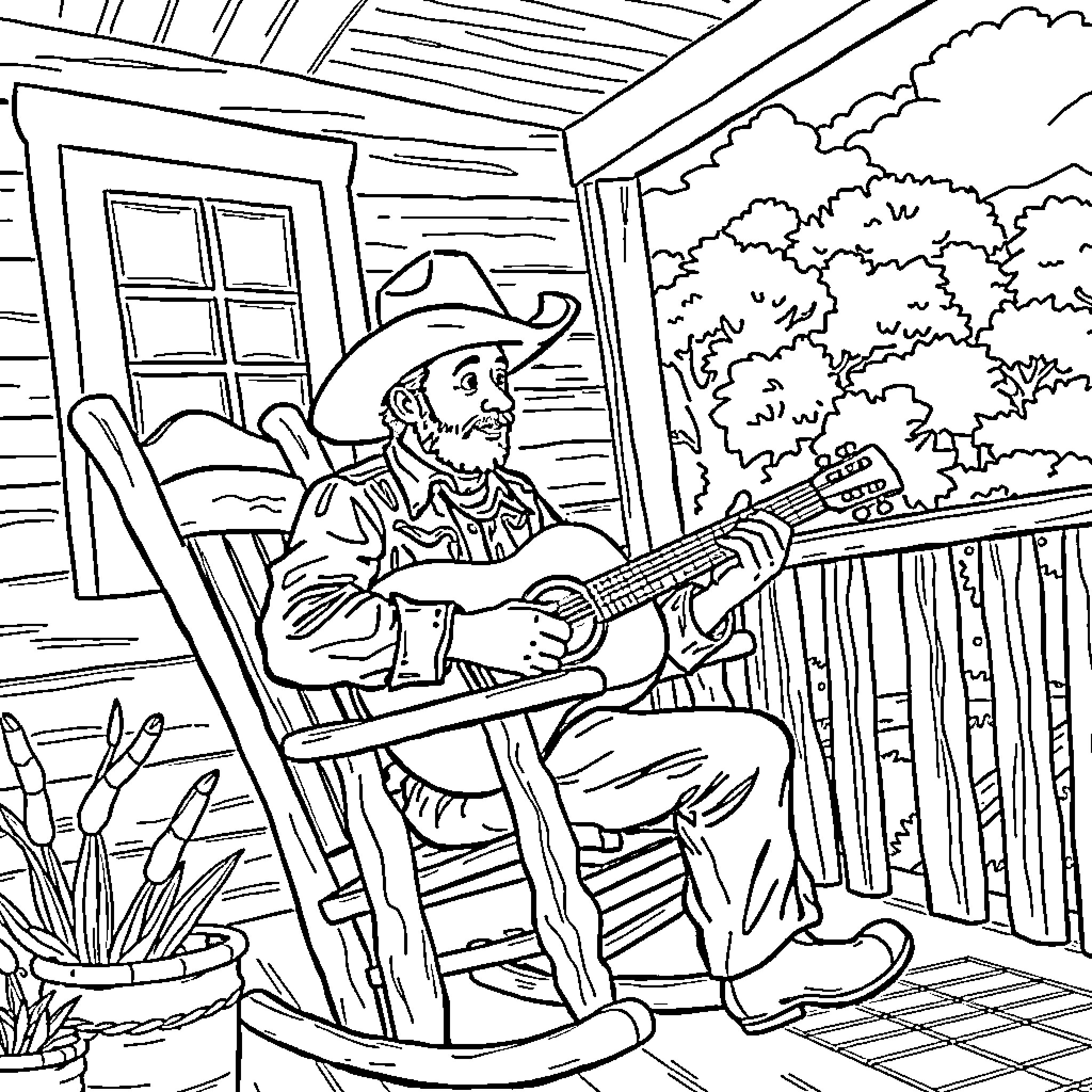Cowboy relaxing and playing guitar on porch Coloring Page (free black-and-white line drawing printable PDF for all, from beginners to advanced learners, including children, teens, adults, and seniors)