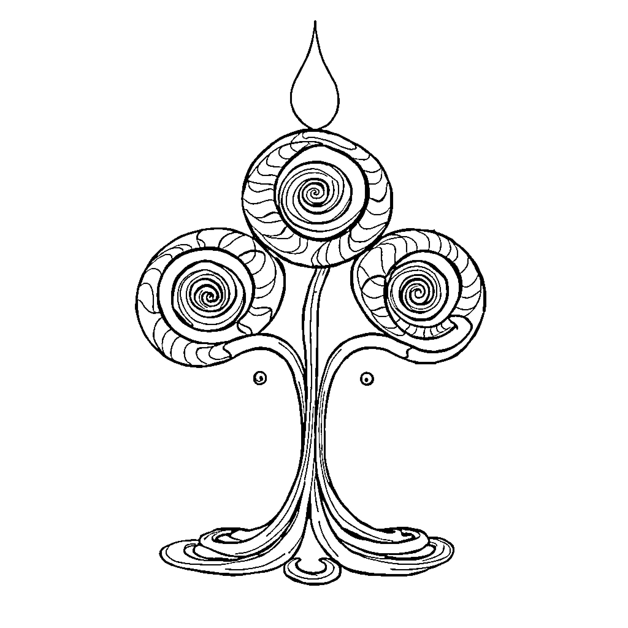 Triskel with Swirling Spirals and Floral Elements Coloring Page (free black-and-white line drawing printable PDF for all, from beginners to advanced learners, including children, teens, adults, and seniors)