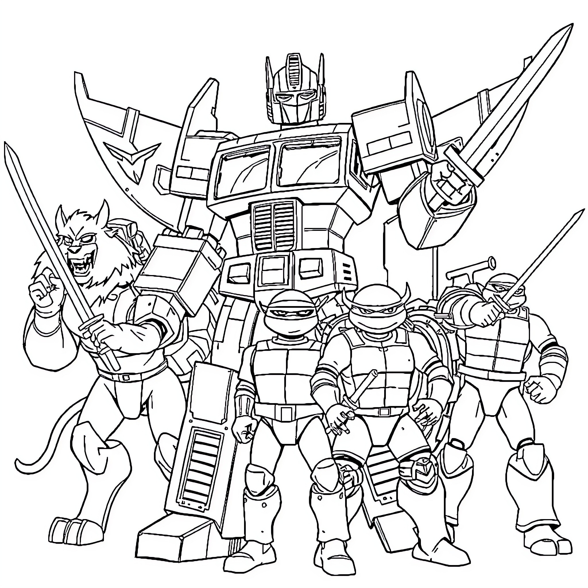Hero robots and warriors in epic battle formation Coloring Page (free black-and-white line drawing printable PDF for all, from beginners to advanced learners, including children, teens, adults, and seniors)