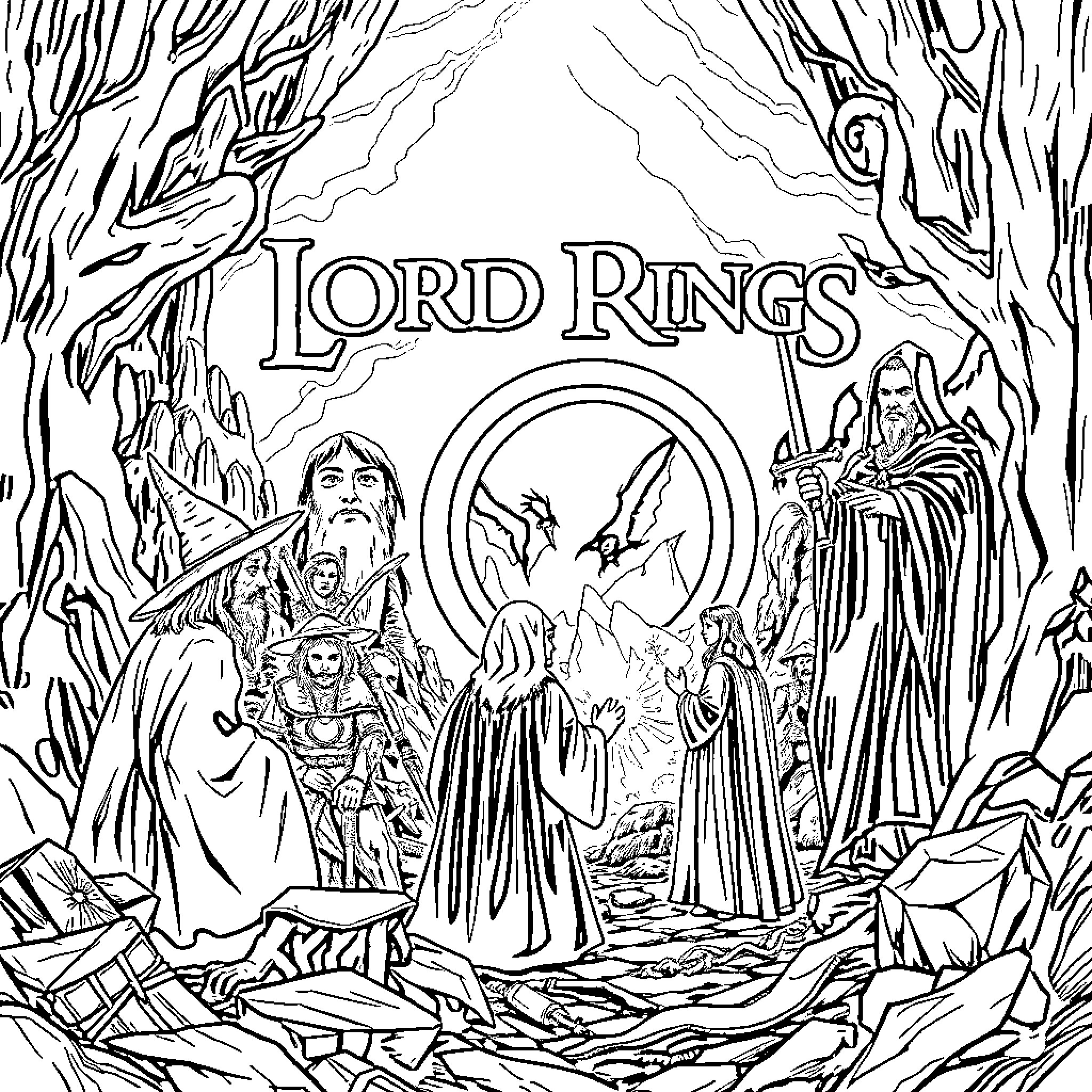 Lord of the Rings: Fantasy Characters and Landscapes Coloring Page (free black-and-white line drawing printable PDF for all, from beginners to advanced learners, including children, teens, adults, and seniors)
